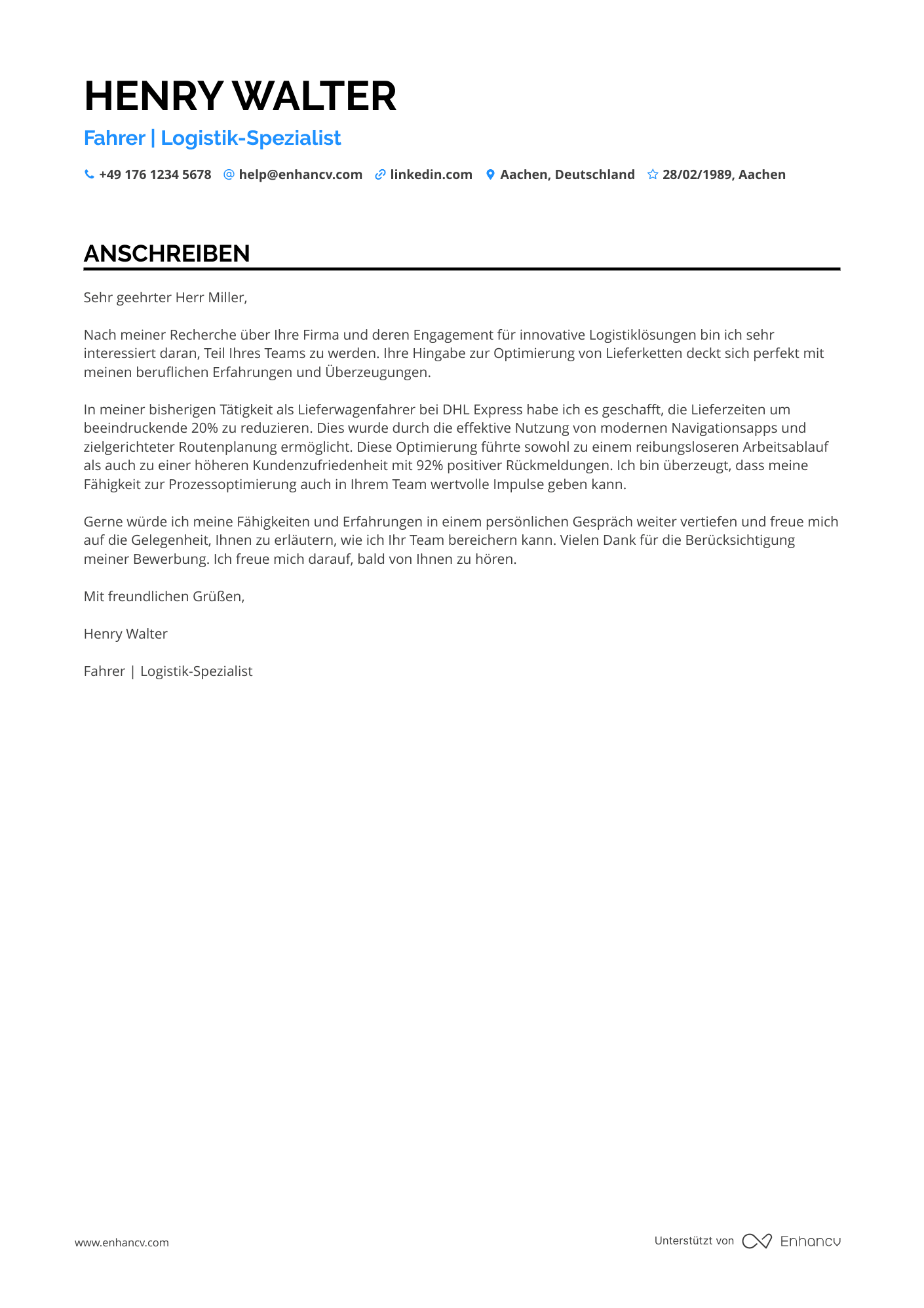 Lieferwagenfahrer Resume Example