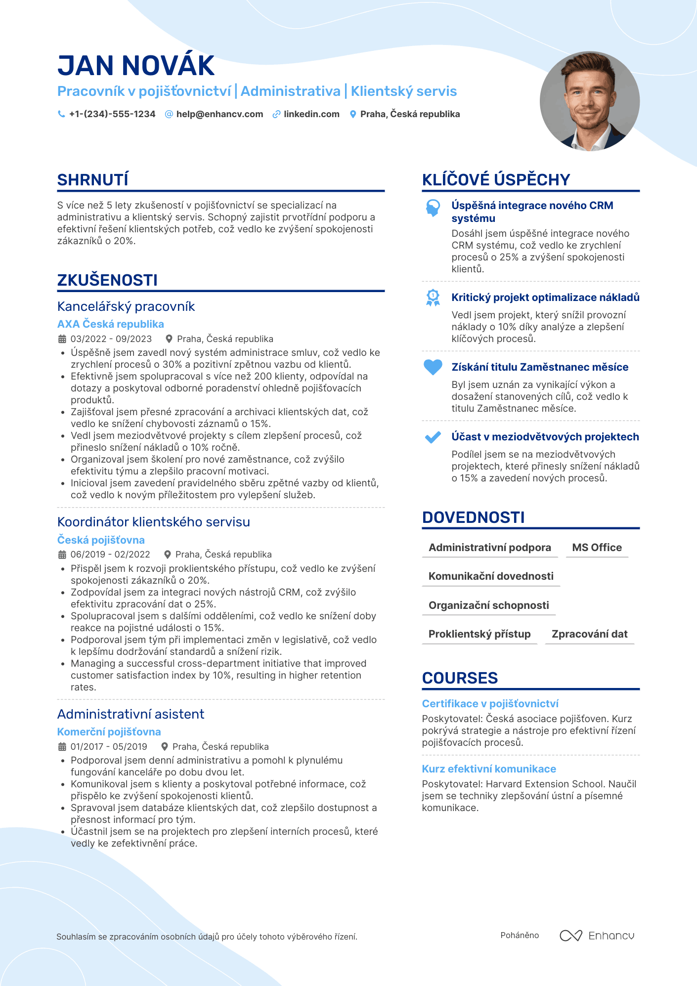 Životopis pro Kancelářský pracovník v pojišťovnictví Resume Example