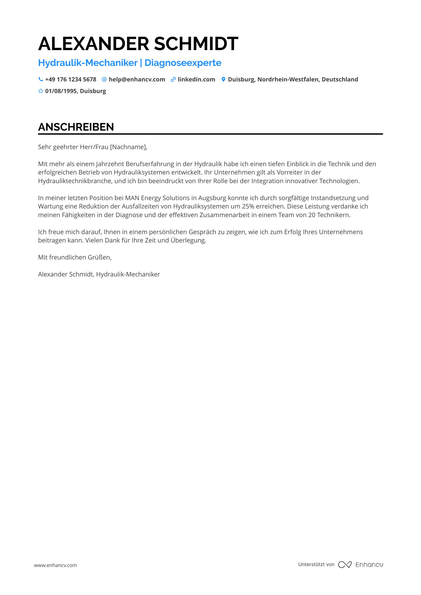 Hydraulik Mechaniker Resume Example