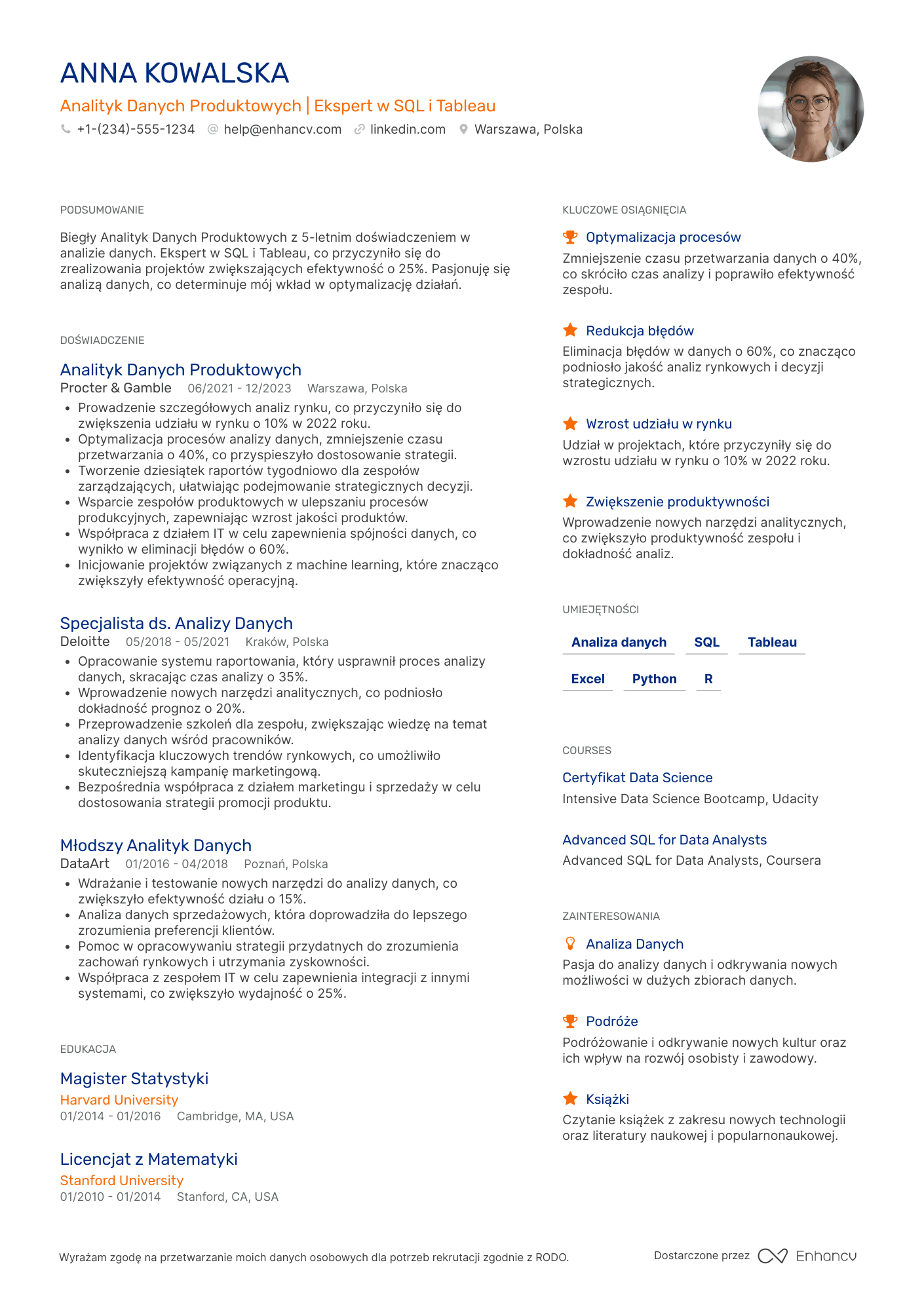CV dla Analityk Danych Produktowych Resume Example