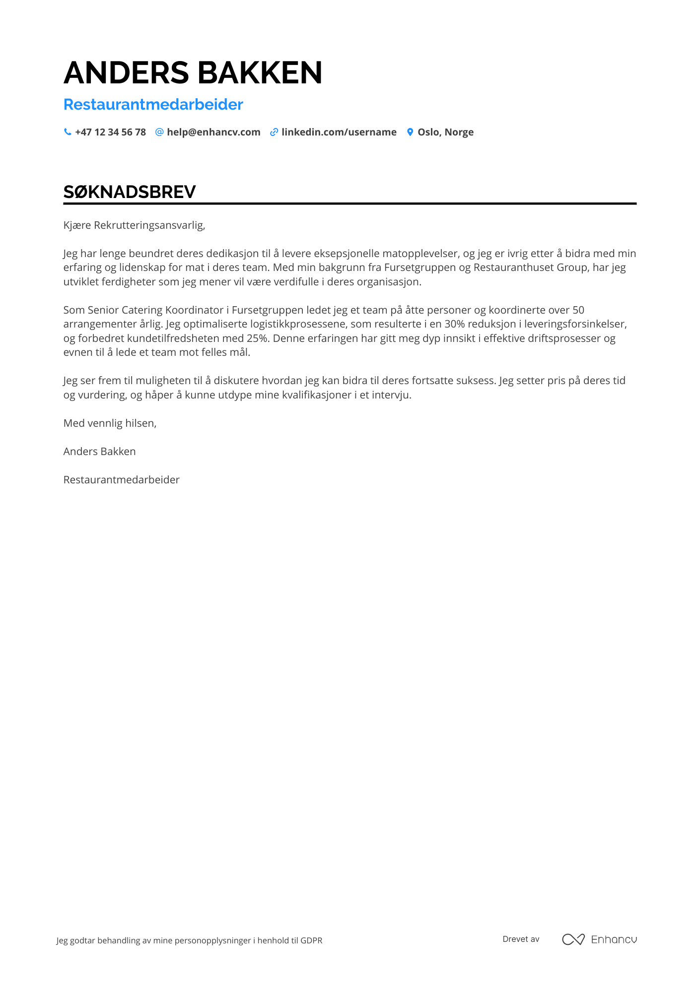 Søknadsbrev for Restaurantmedarbeider Catering Resume Example