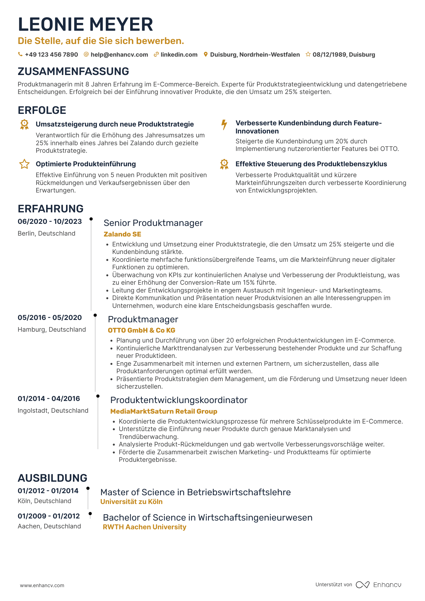 Lebenslauf in Produktmanager im Bereich E Commerce Resume Example