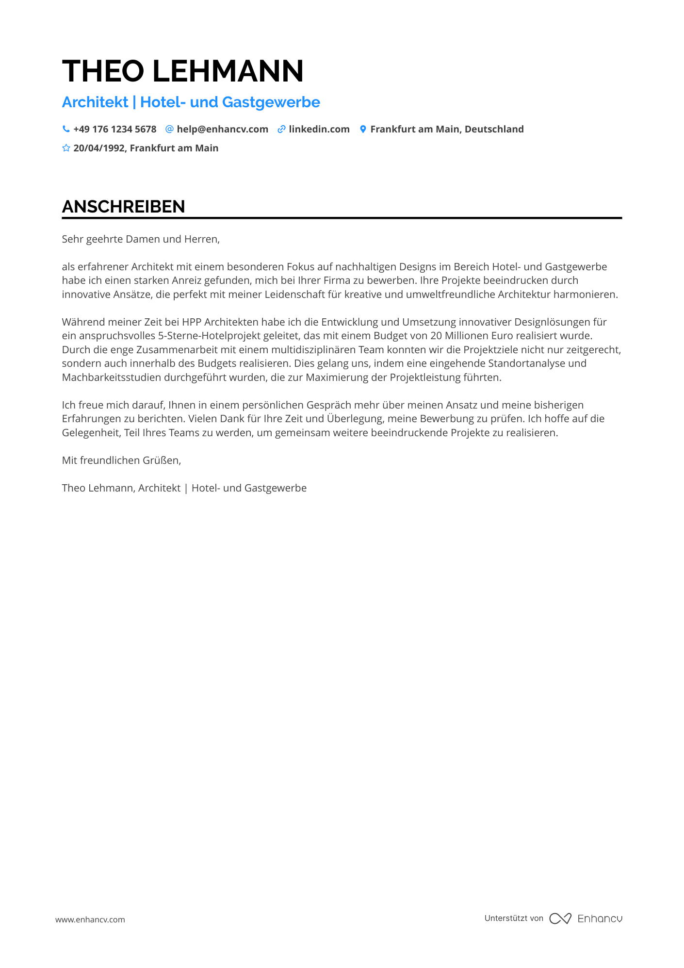 Architekt für Hotel  und Gastgewerbe Resume Example