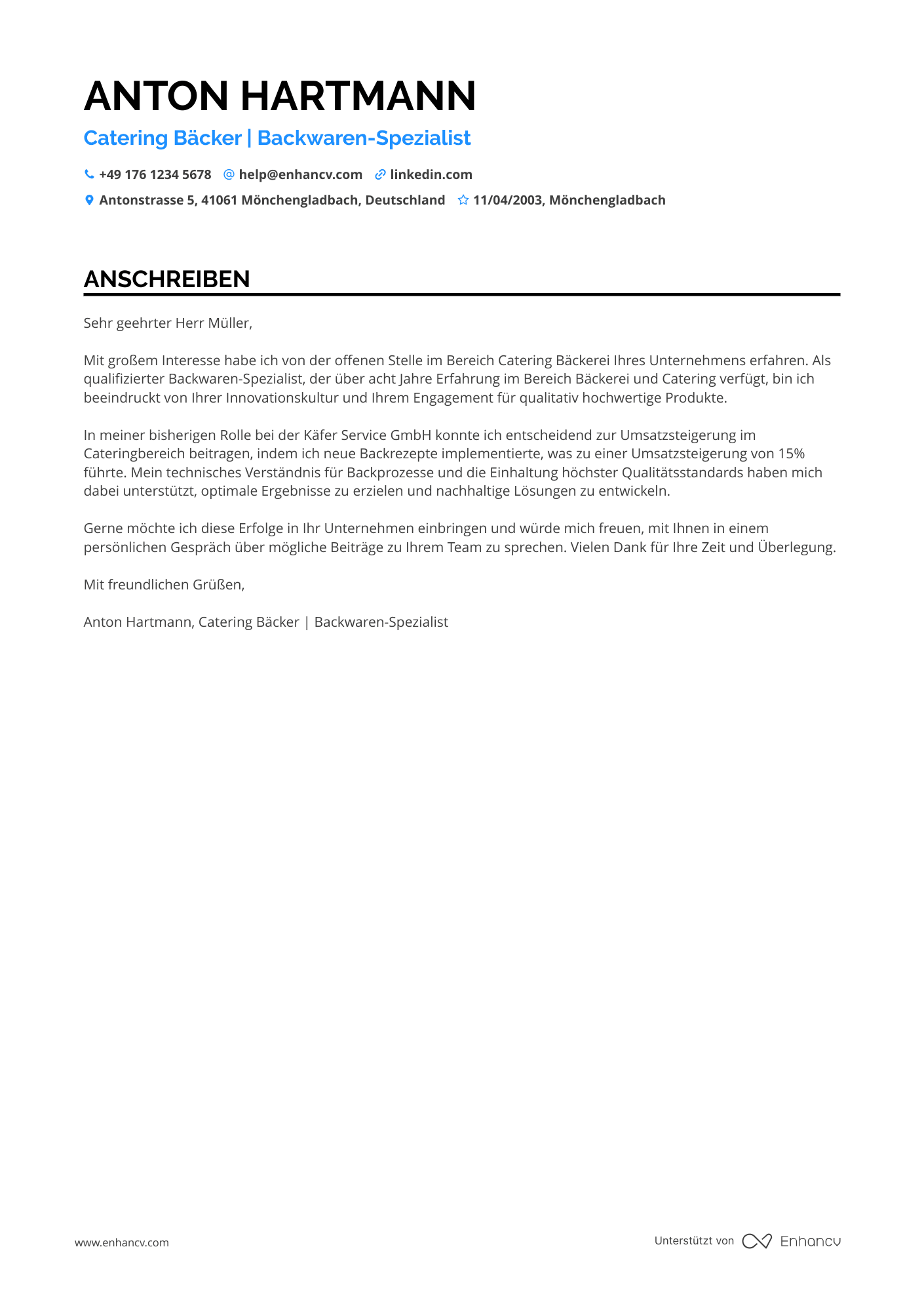 Catering Bäcker Resume Example
