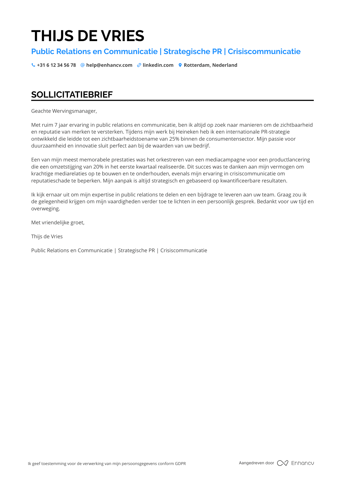 Sollicitatiebrief voor Public Relations and Communications Manager Resume Example