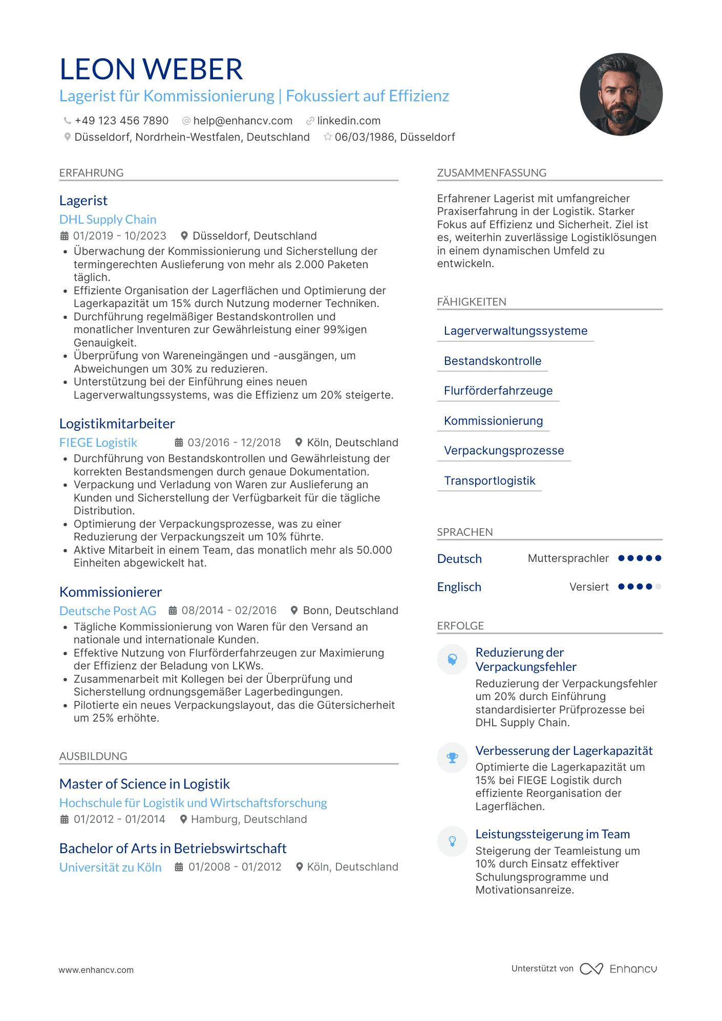 Lebenslauf als Lagerist für Kommissionierung Resume Example