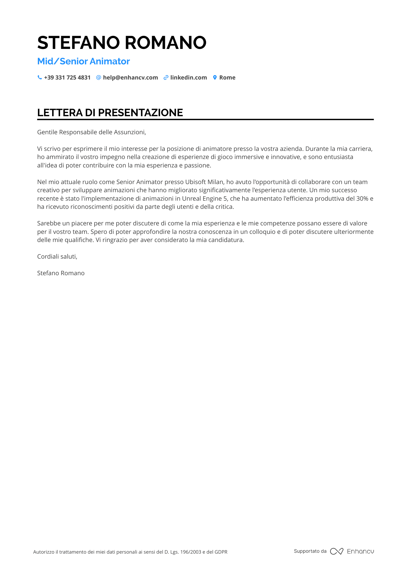 Animatore Senior Resume Example
