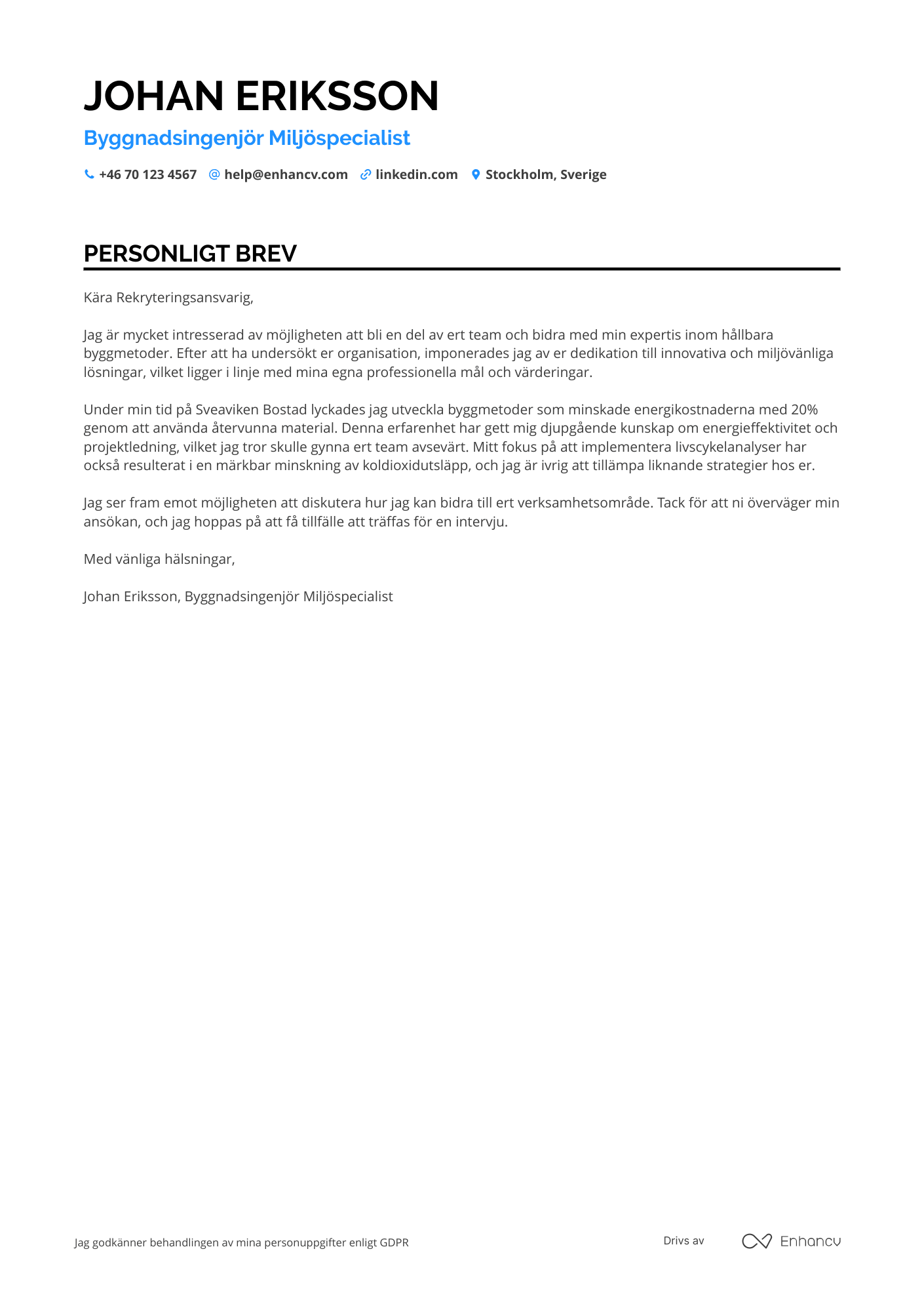 Personligt brev för Byggnadsingenjör Miljöspecialist Resume Example