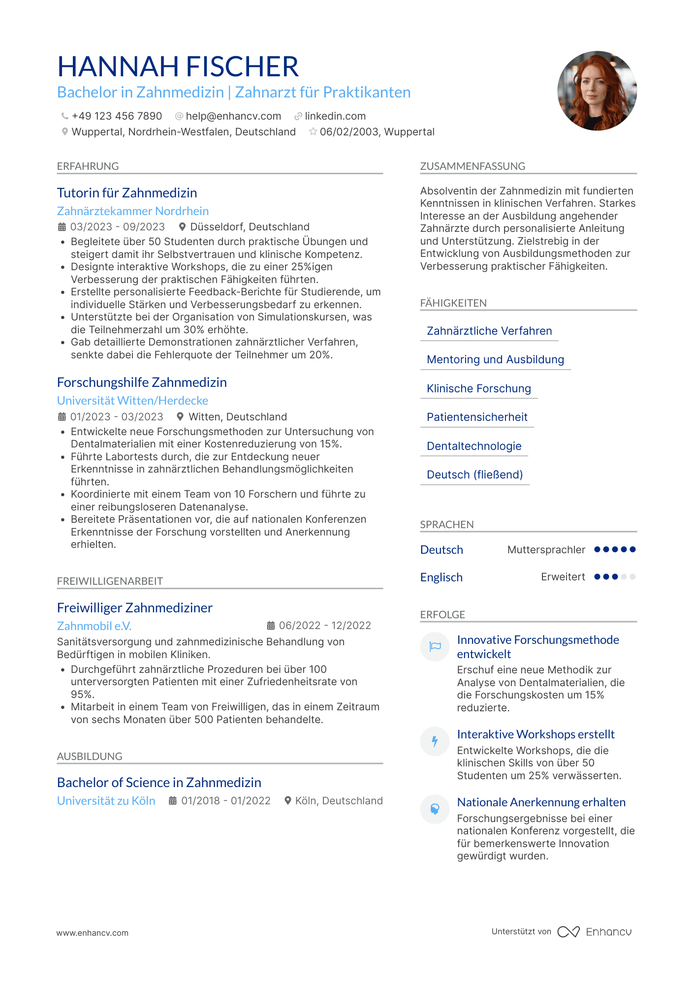 Lebenslauf als Zahnarzt für Praktikanten Resume Example