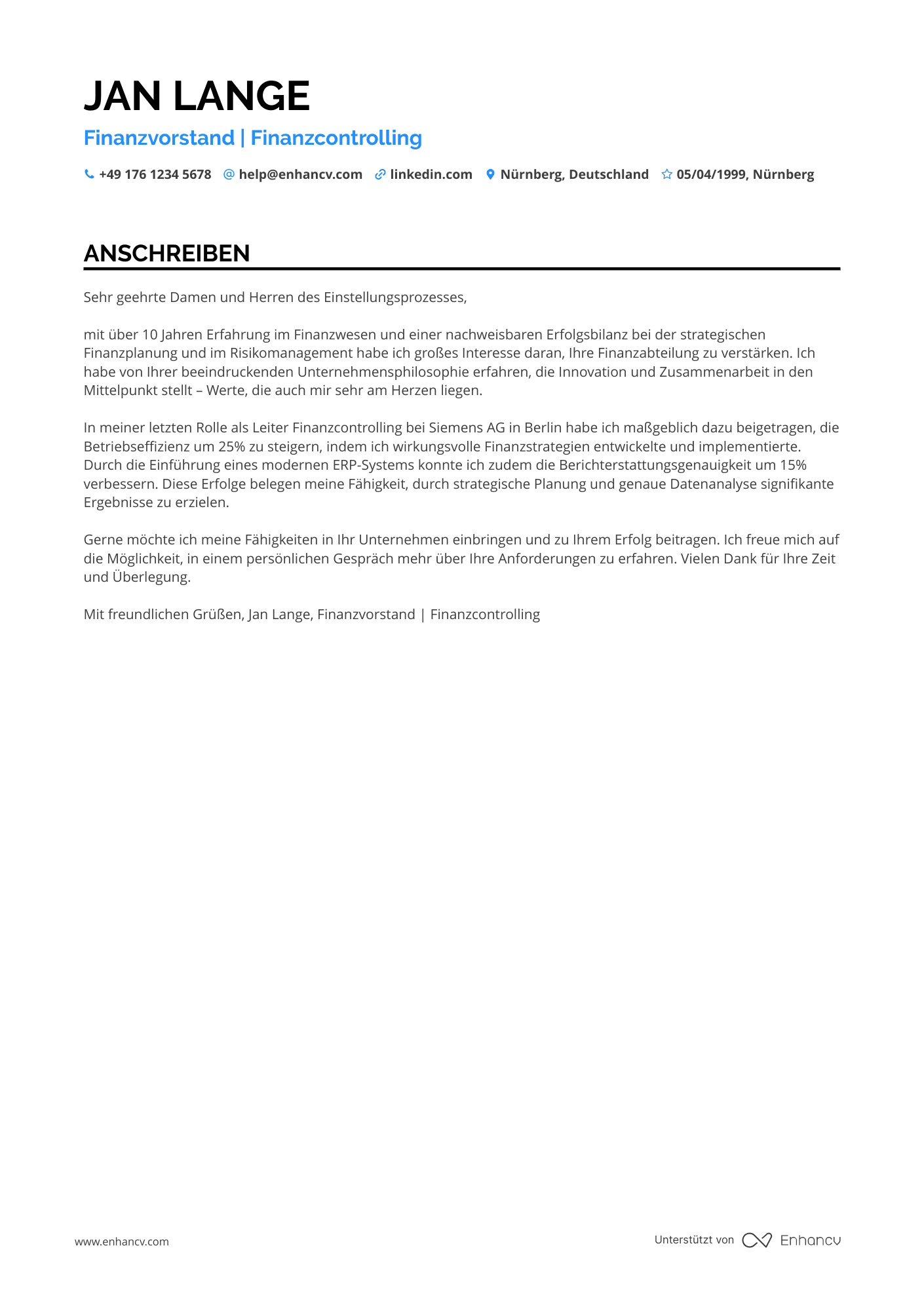 Finanzvorstand für Finanzcontrolling Resume Example