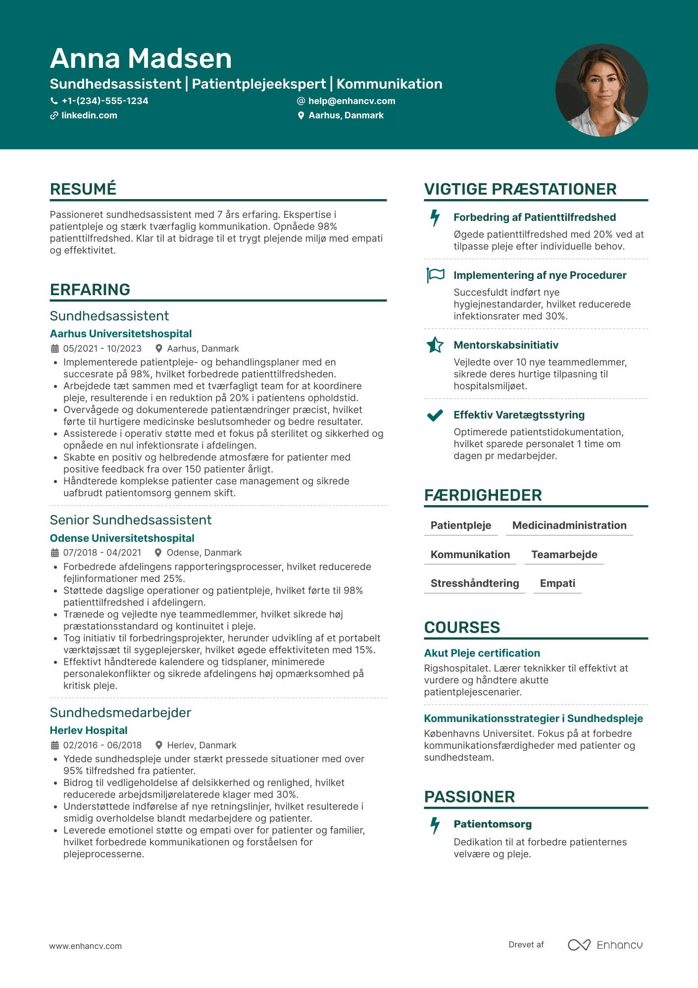 CV til Sundhedsassistent på hospital Resume Example