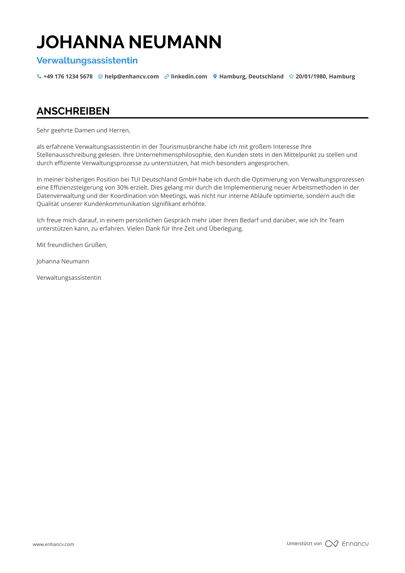 Verwaltungsassistent in der Tourismusbranche Resume Example