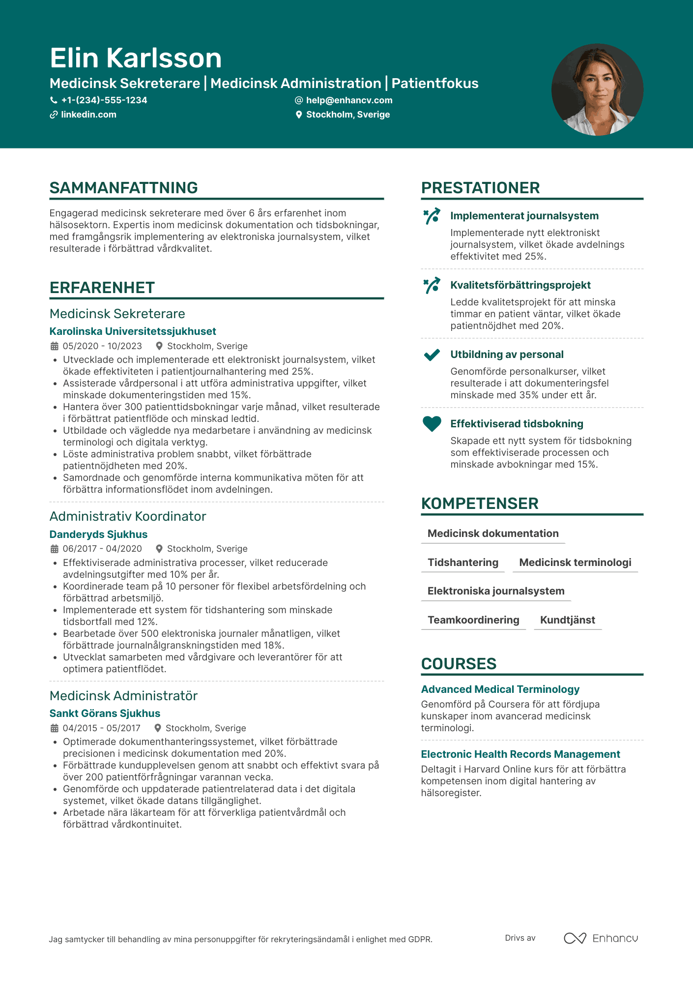CV för Erfaren Medicinsk Sekreterare Resume Example
