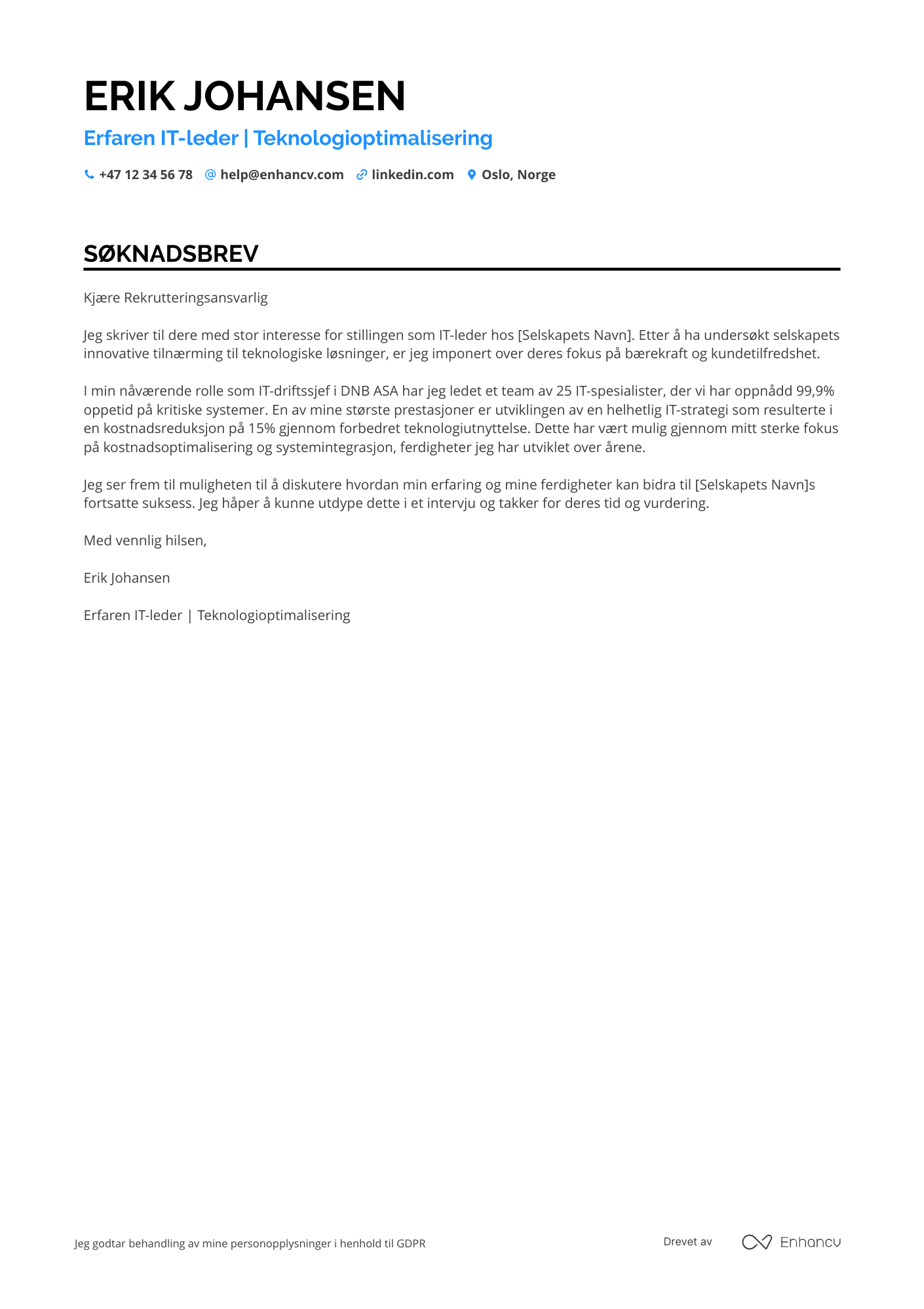 Søknadsbrev for IT leder i banksektoren Resume Example