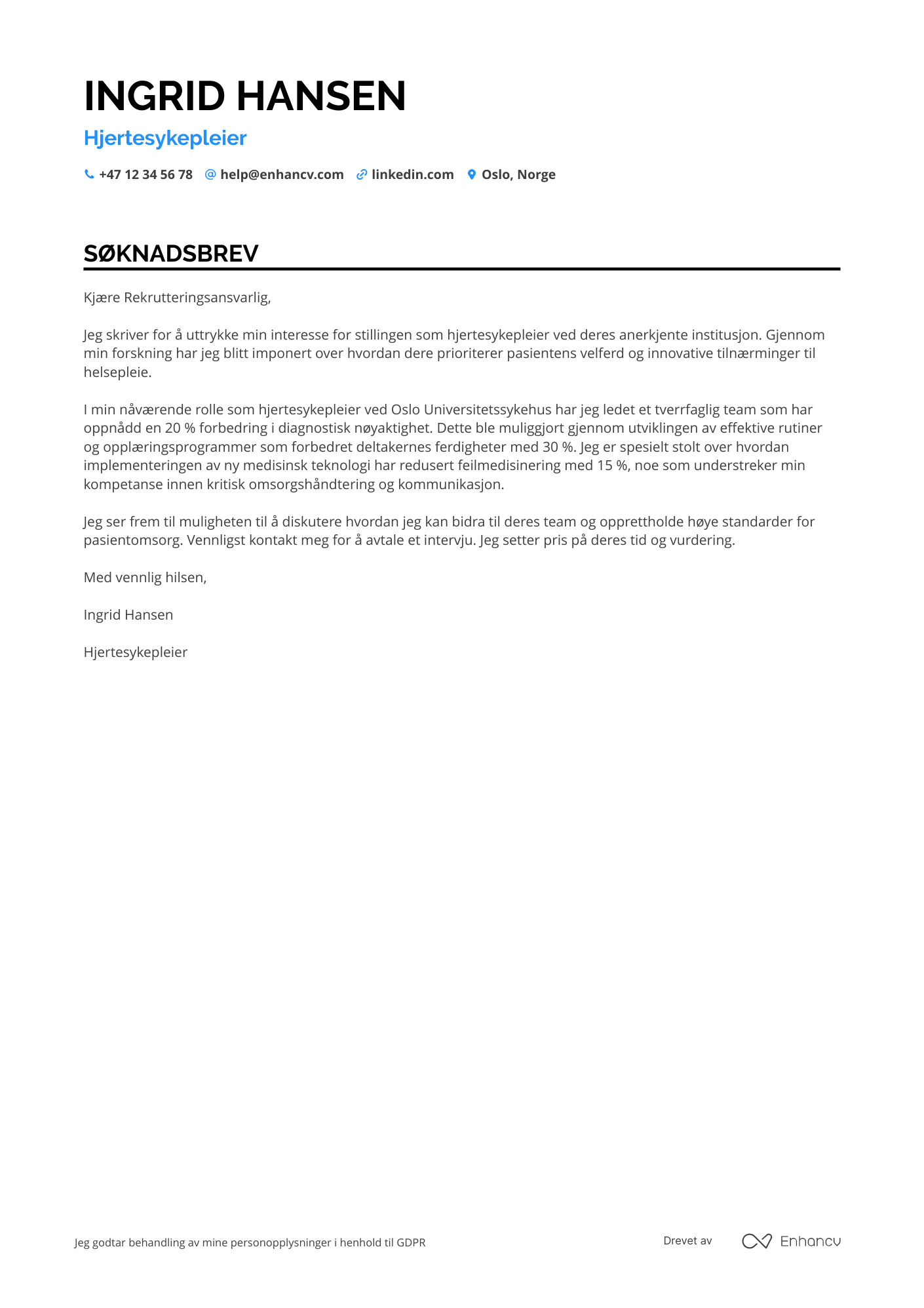 Søknadsbrev for Hjertesykepleier Resume Example