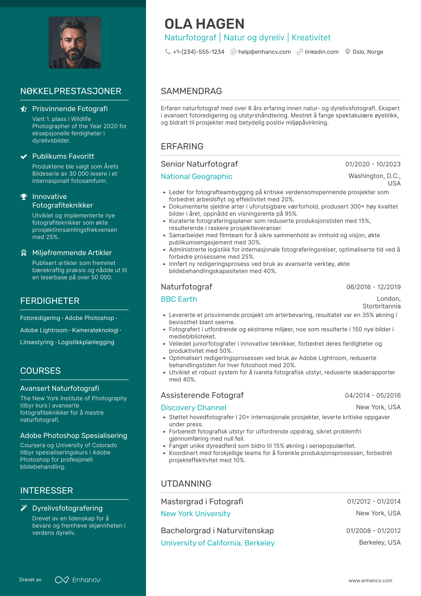 CV for Naturfotograf Resume Example