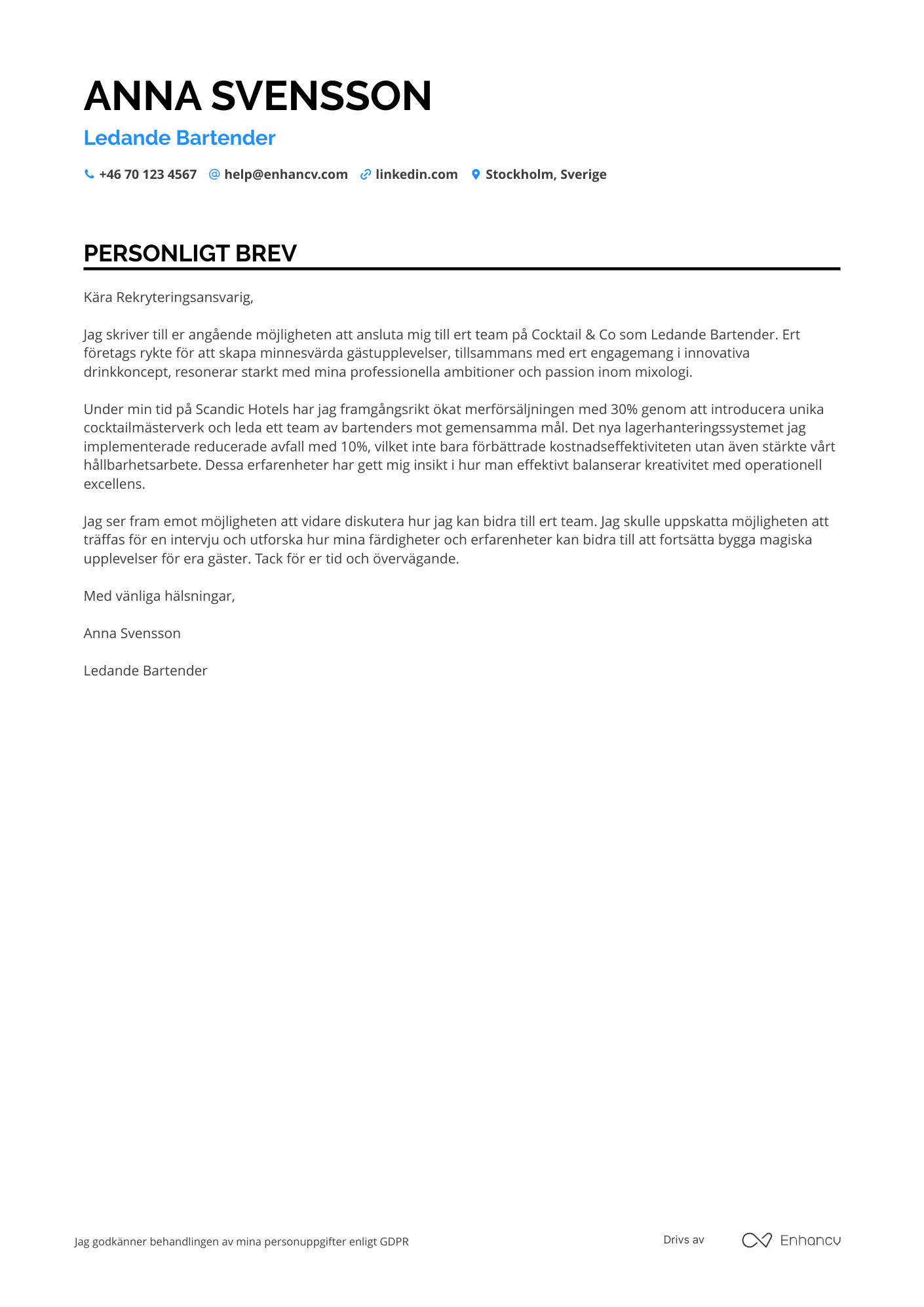 Personligt brev för Ledande bartender Resume Example
