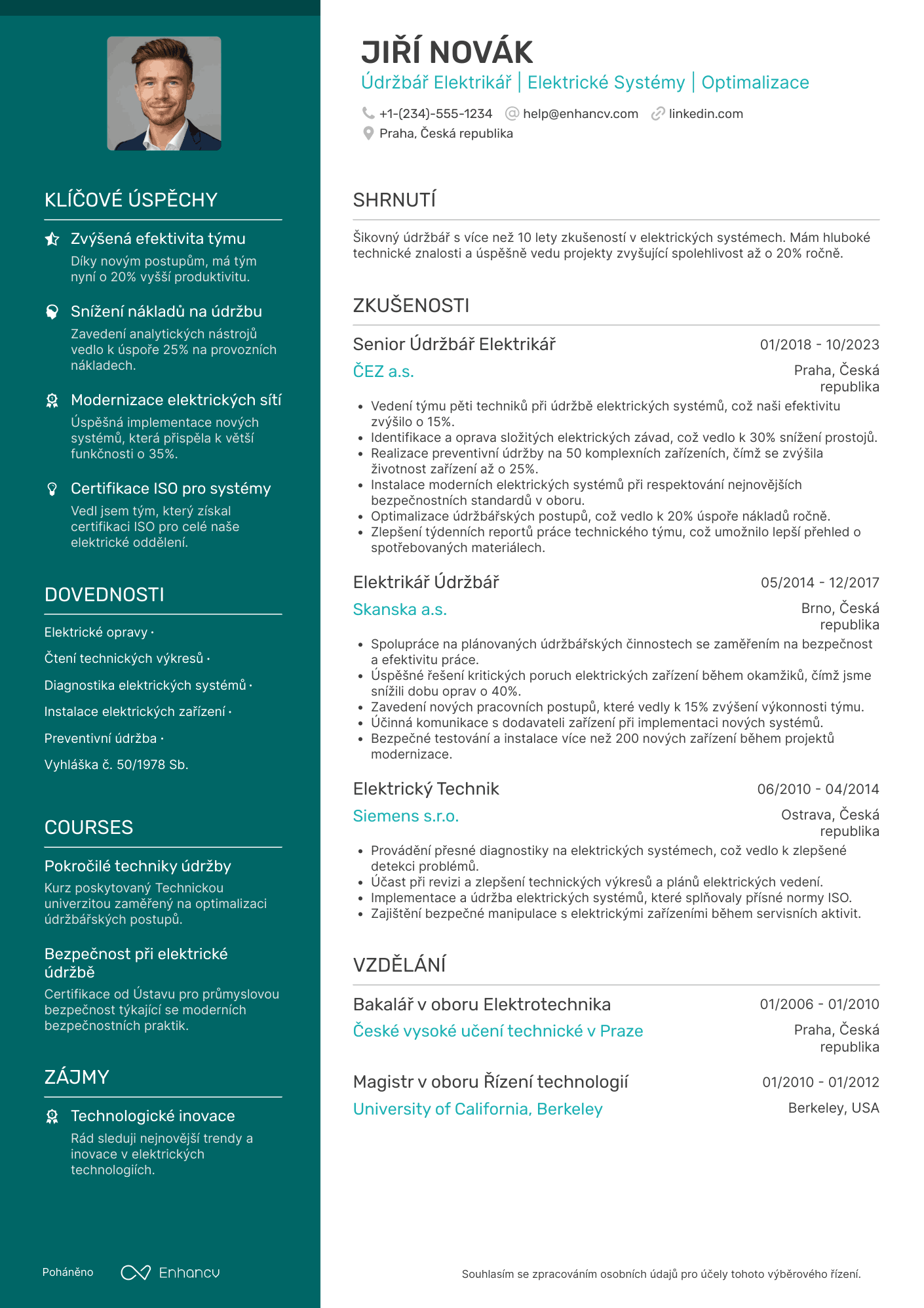 Životopis pro Údržbář Elektrikář Resume Example