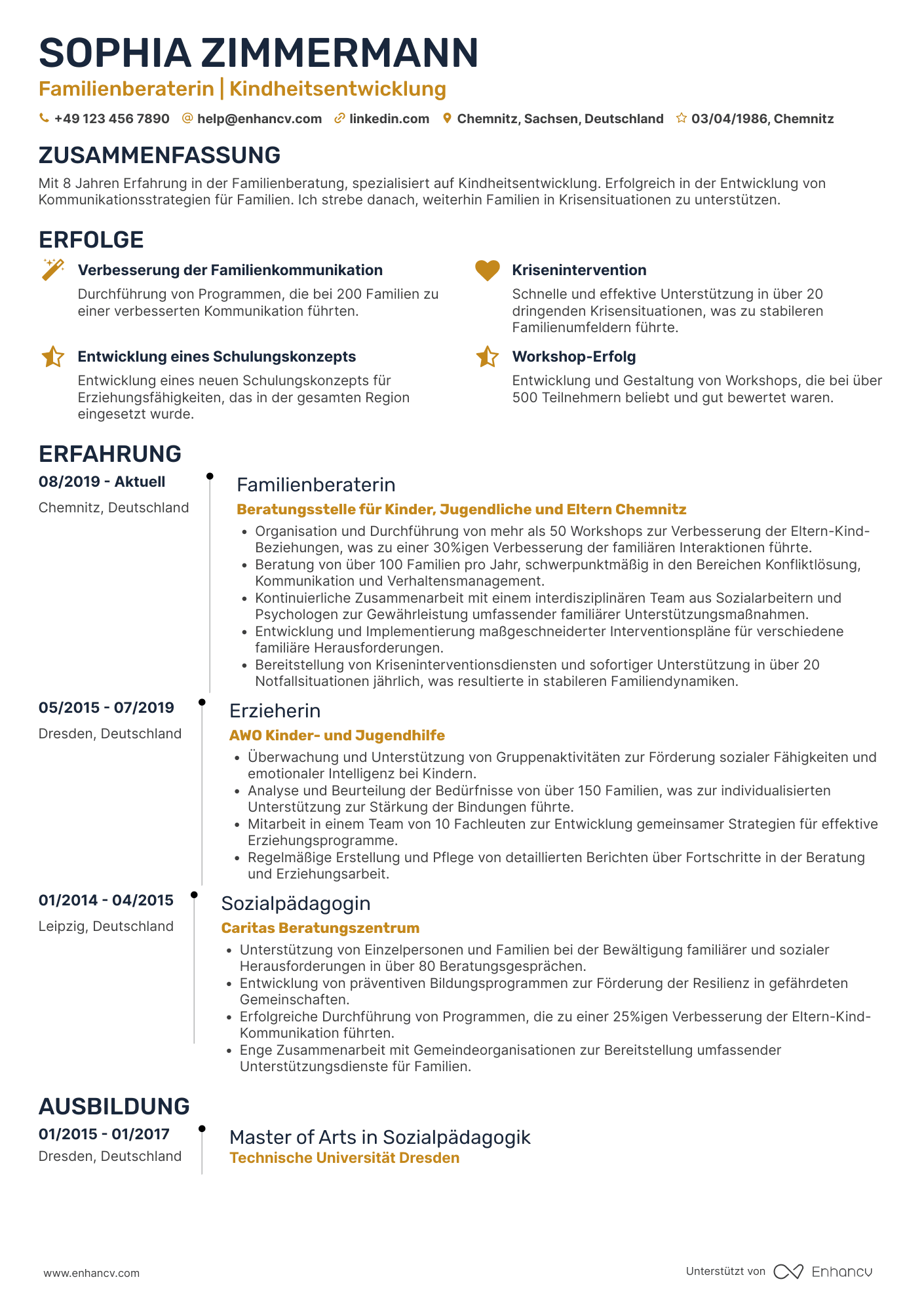 Lebenslauf in Erzieherin in der Familienberatung Resume Example