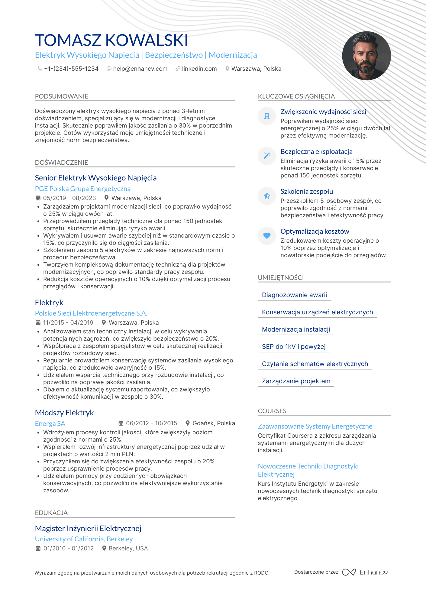 CV dla Elektryk Wysokiego Napięcia Resume Example