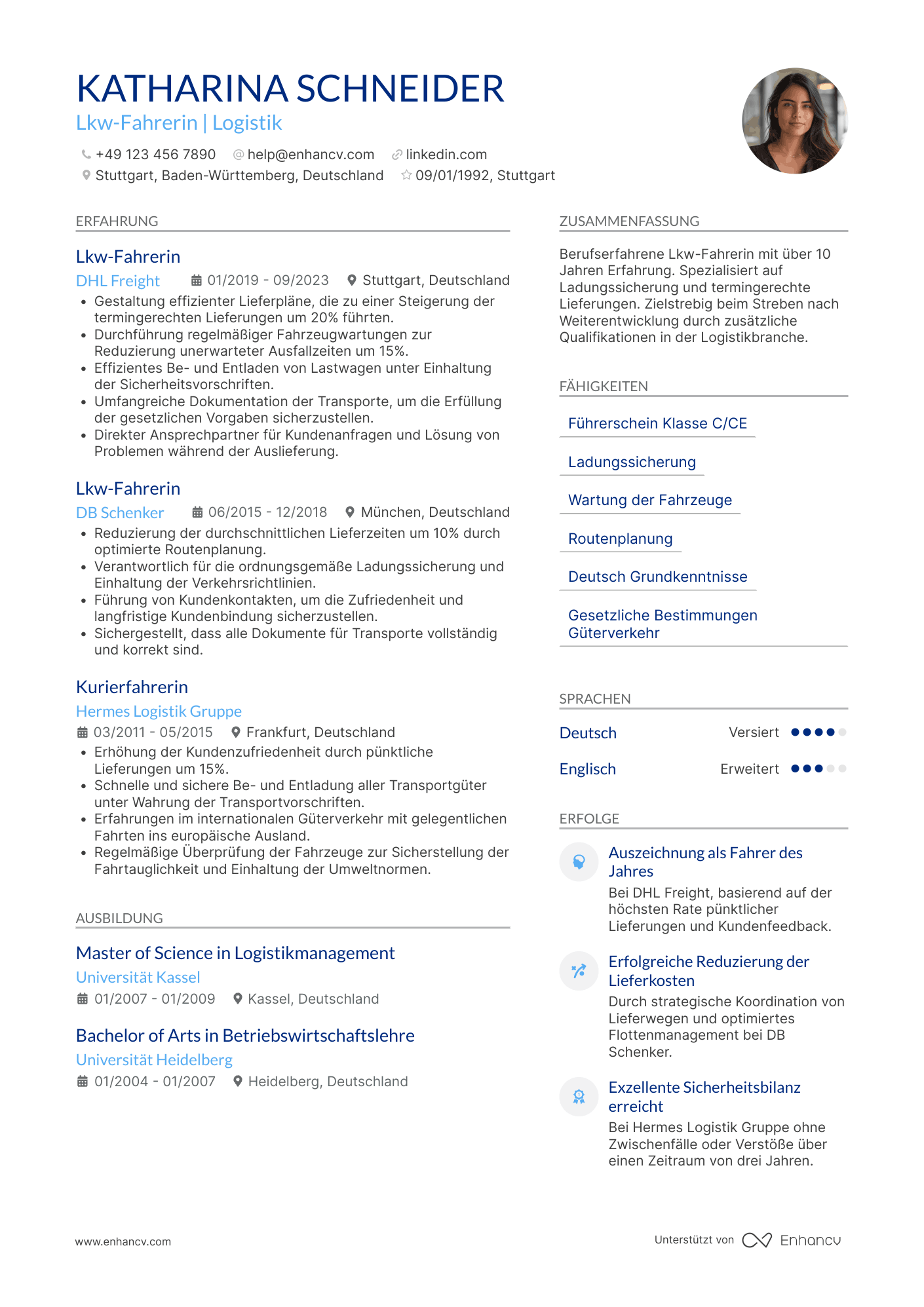 Lebenslauf in Fahrer in der Logistikbranche Resume Example