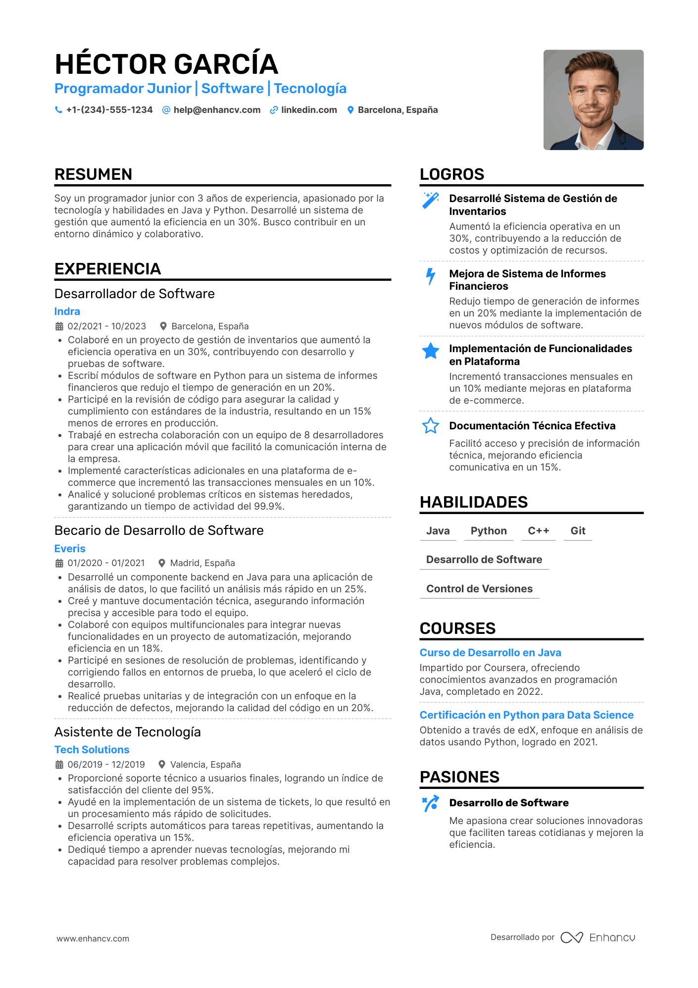 Currículum de programador Junior Resume Example
