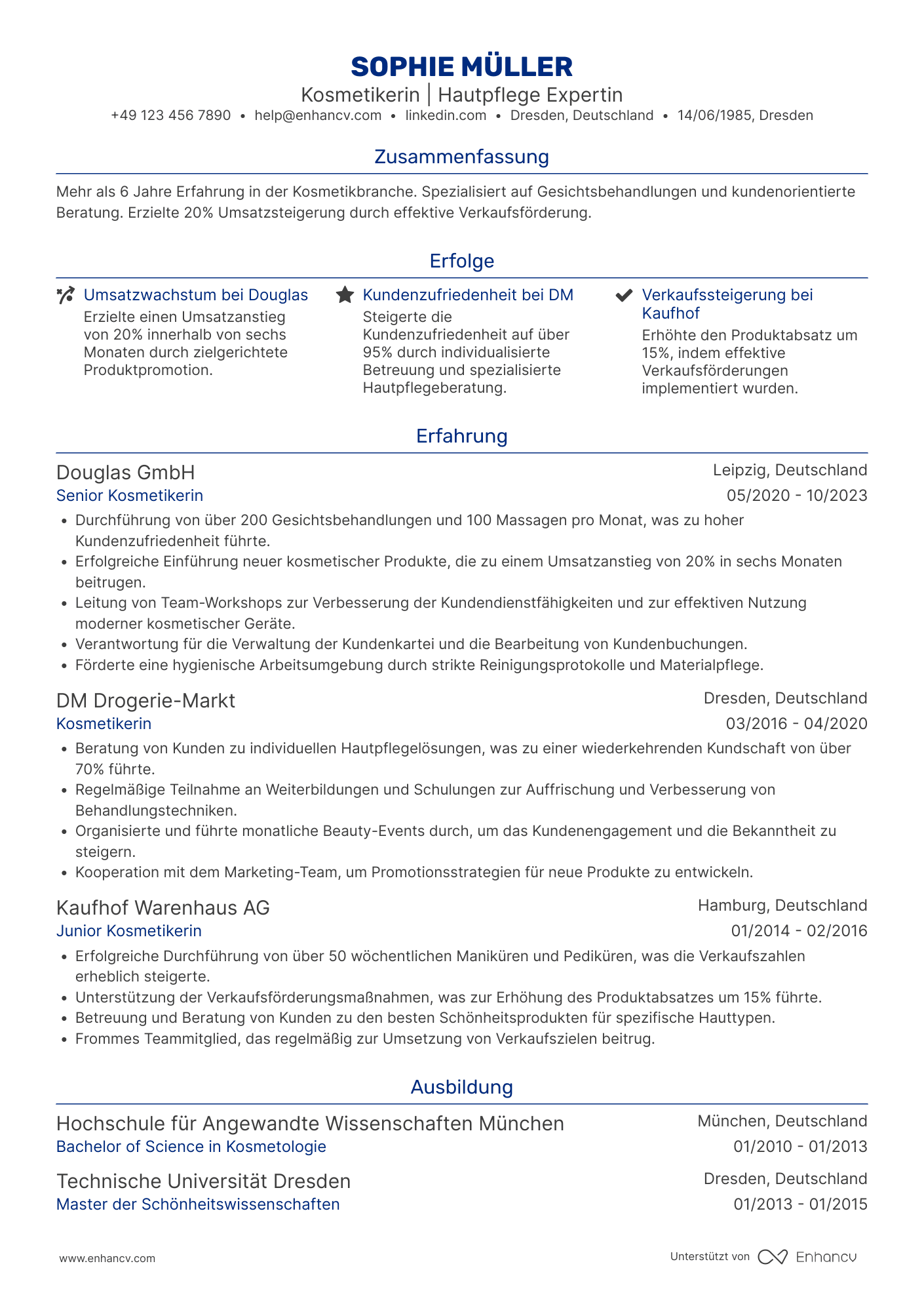 Lebenslauf als Erfahrene Kosmetikerin Resume Example