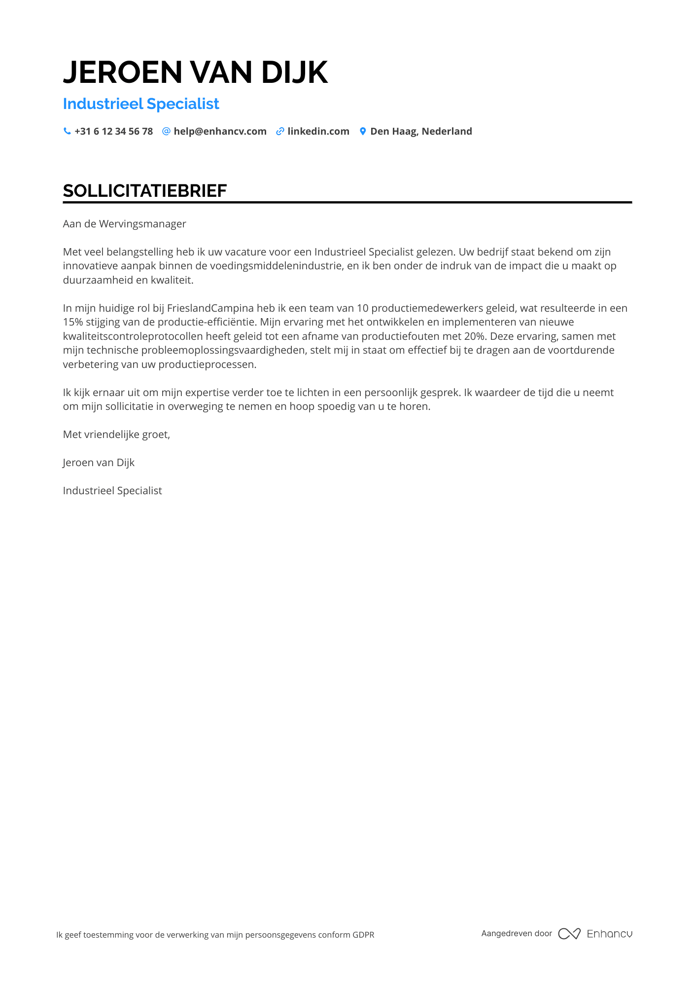 Sollicitatiebrief voor Fabrieksarbeider Voedingsmiddelen Resume Example