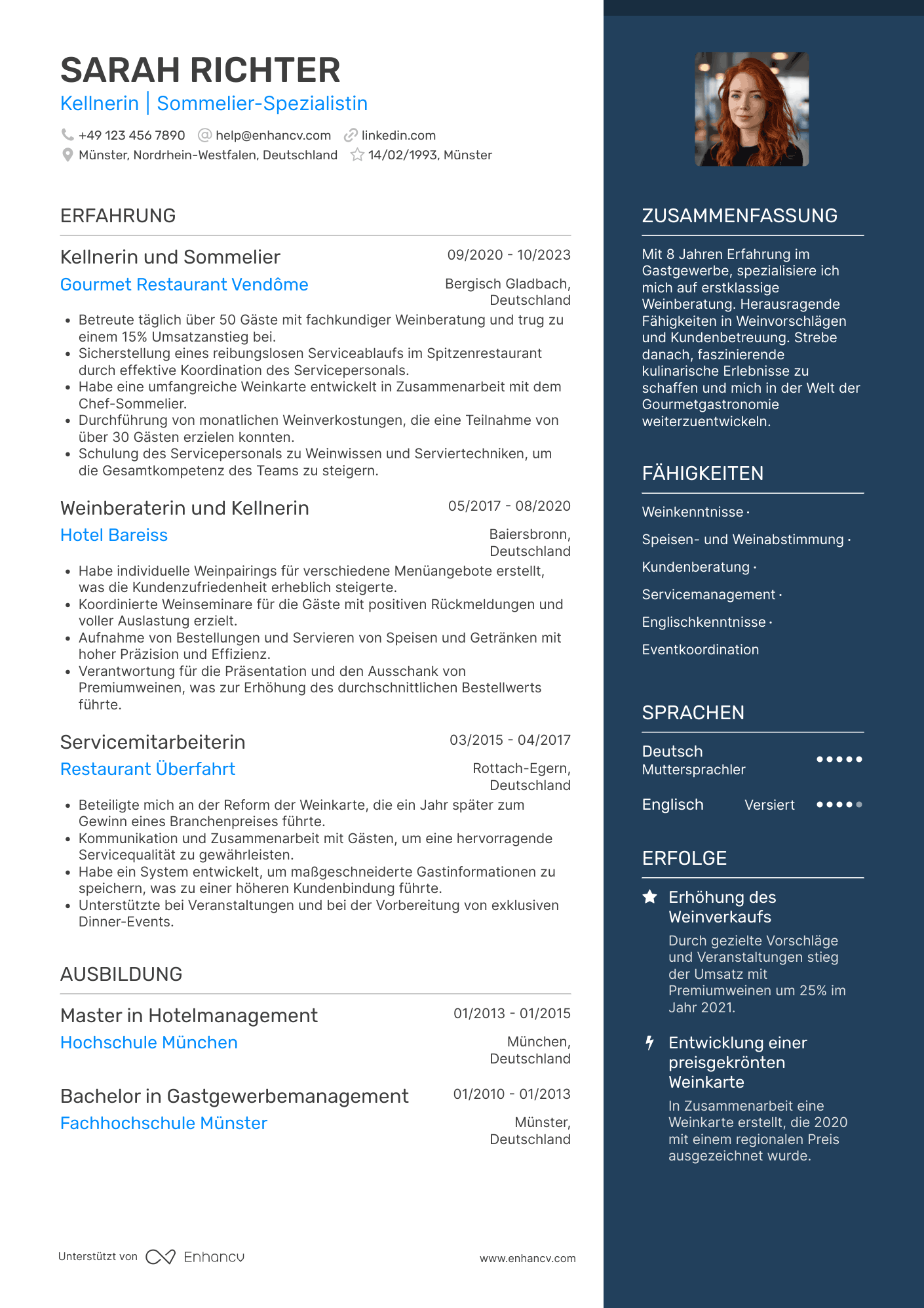 Lebenslauf als Kellner mit Sommelier Erfahrung Resume Example