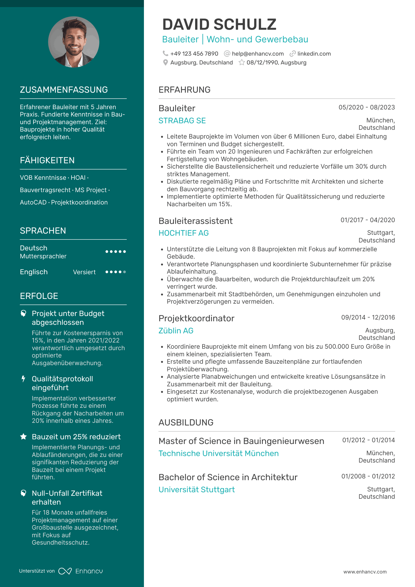 Lebenslauf als Bauleiter mit 5 Jahren Erfahrung Resume Example