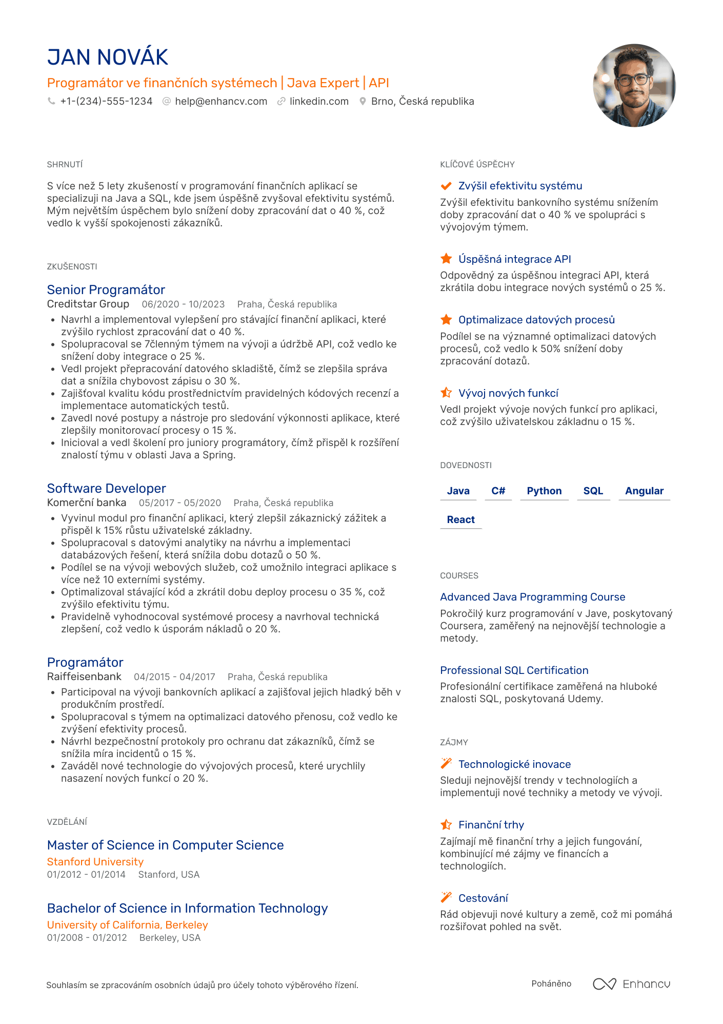 Životopis pro Programátor ve finančním sektoru Resume Example