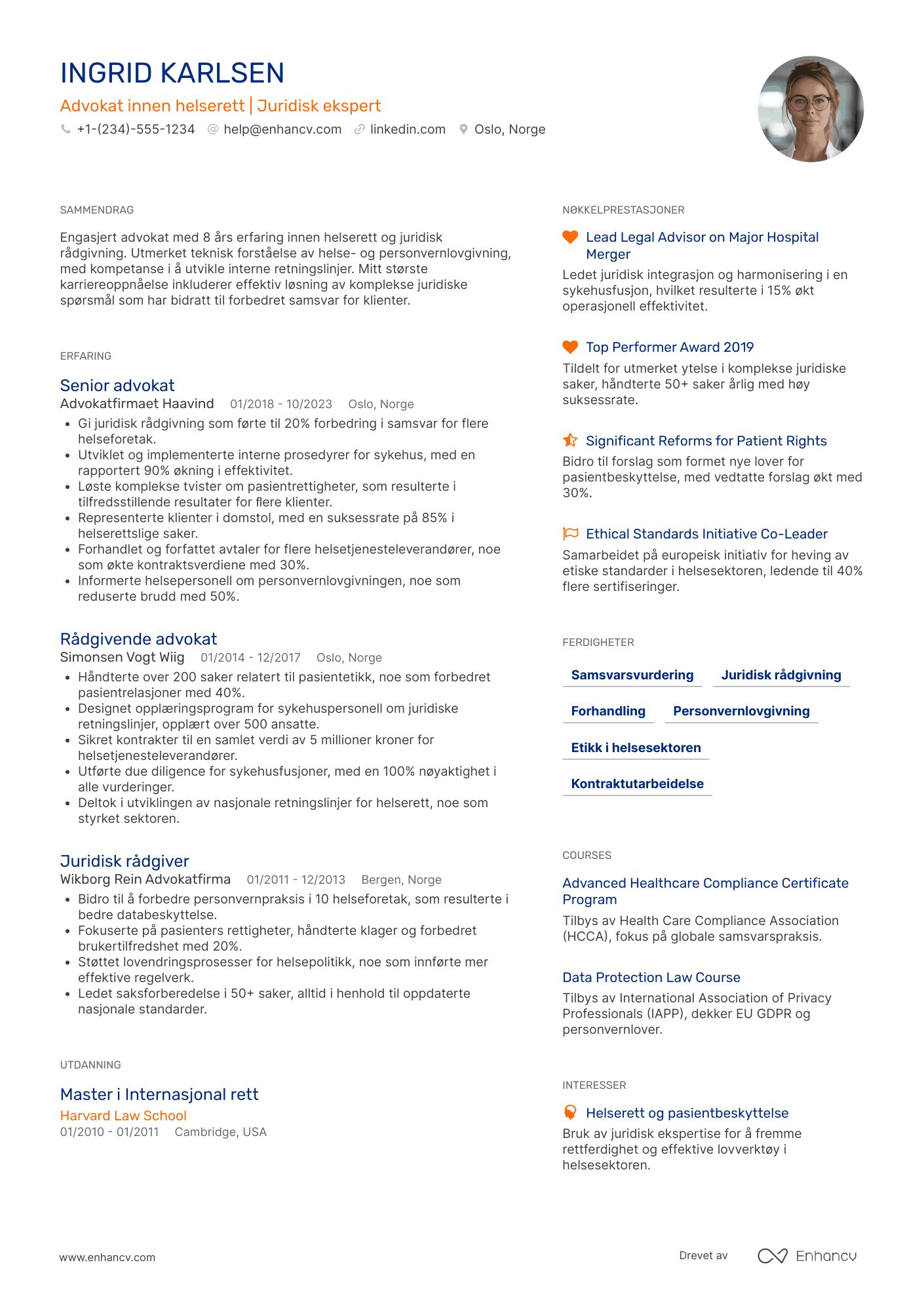 CV for Advokat innen helsesektoren Resume Example