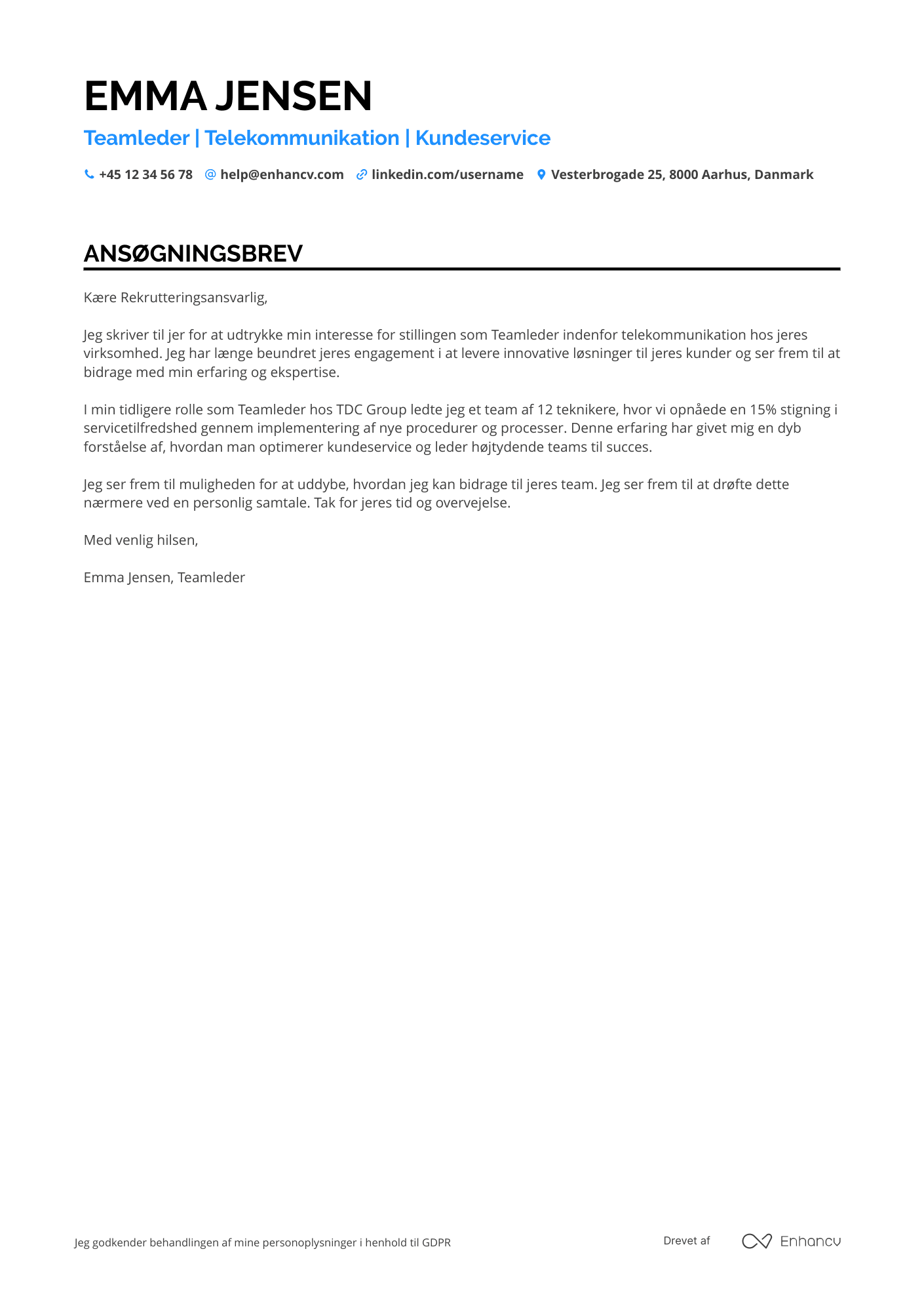 Ansøgningsbrev til Teamleder – telekommunikation Resume Example