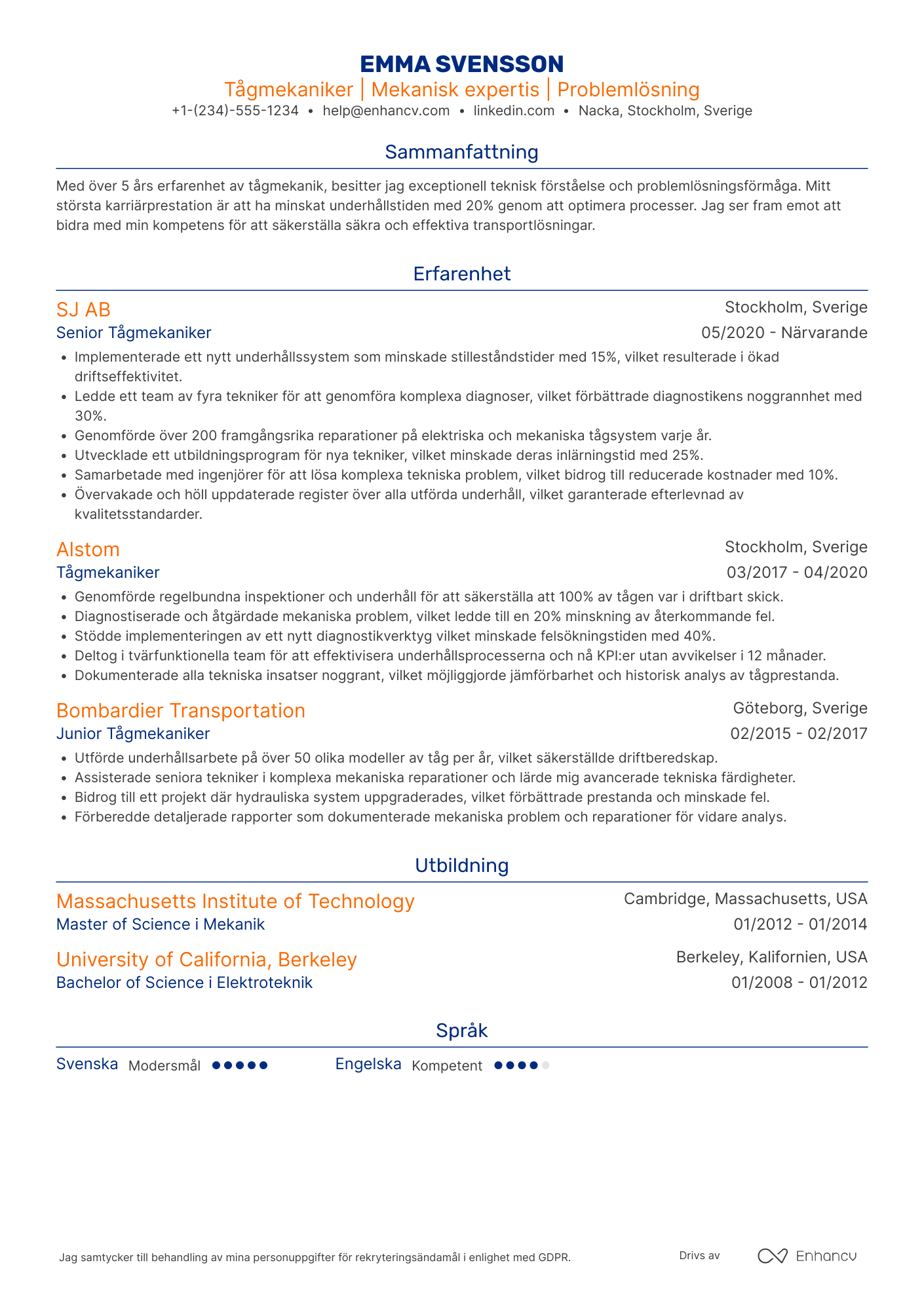 CV för Tågmekaniker Resume Example