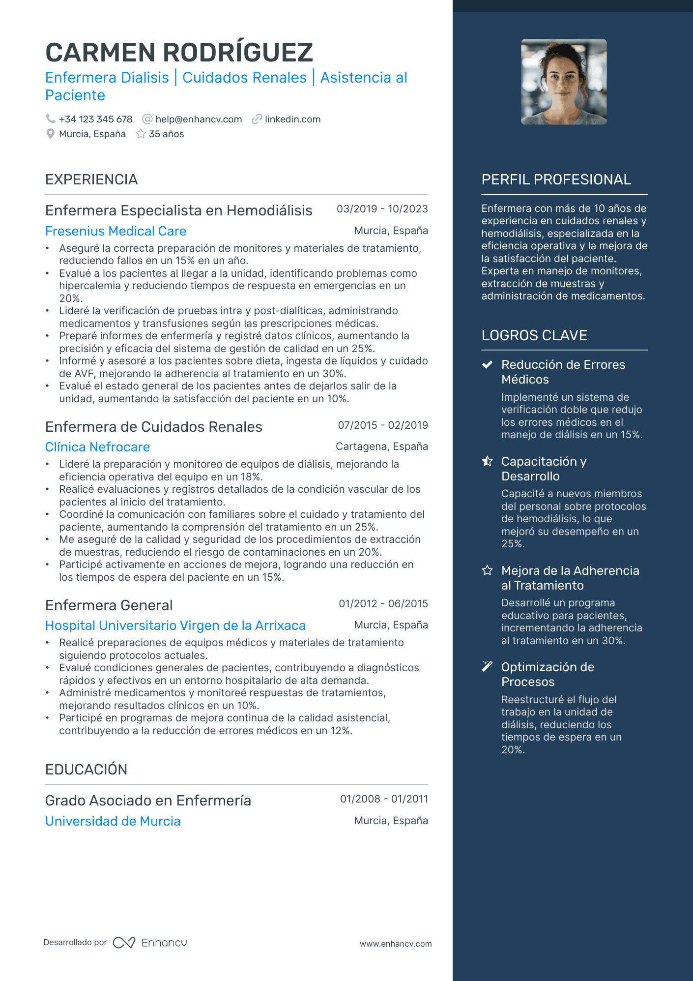 Auxiliar de Enfermería Senior Resume Example