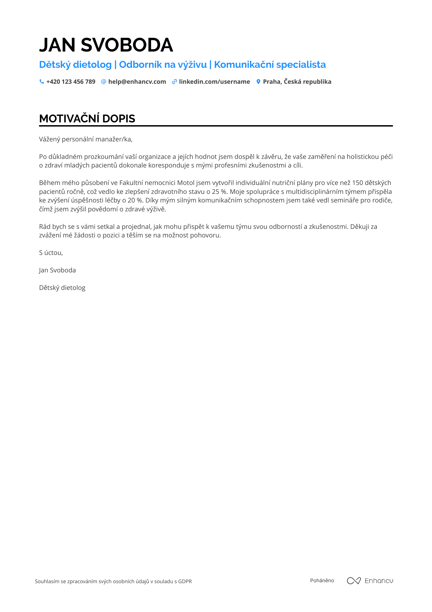 Motivační dopis pro Детский диетолог Resume Example