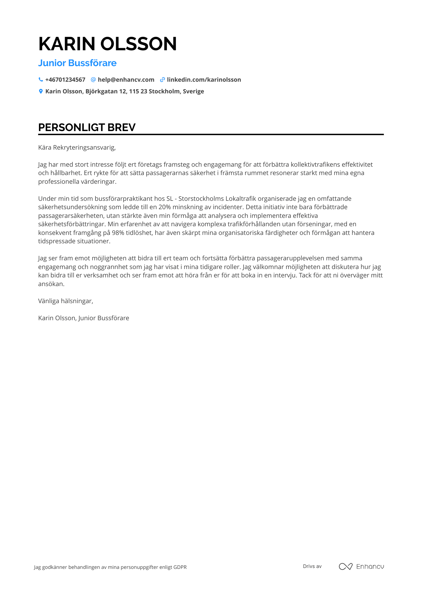 Personligt brev för Junior Bussförare Resume Example