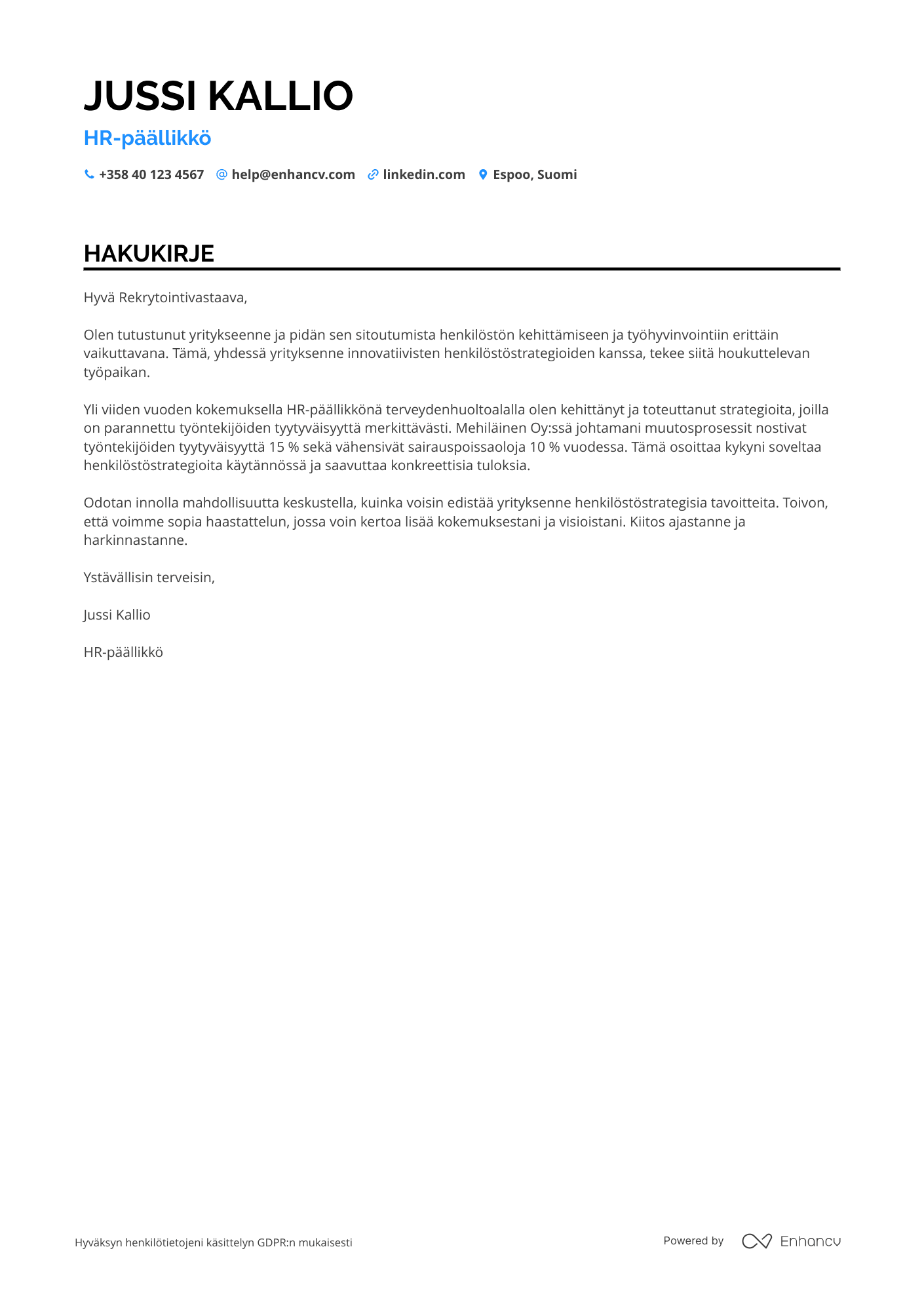 Hakukirje Terveydenhuoltoalan HR päällikkö Resume Example