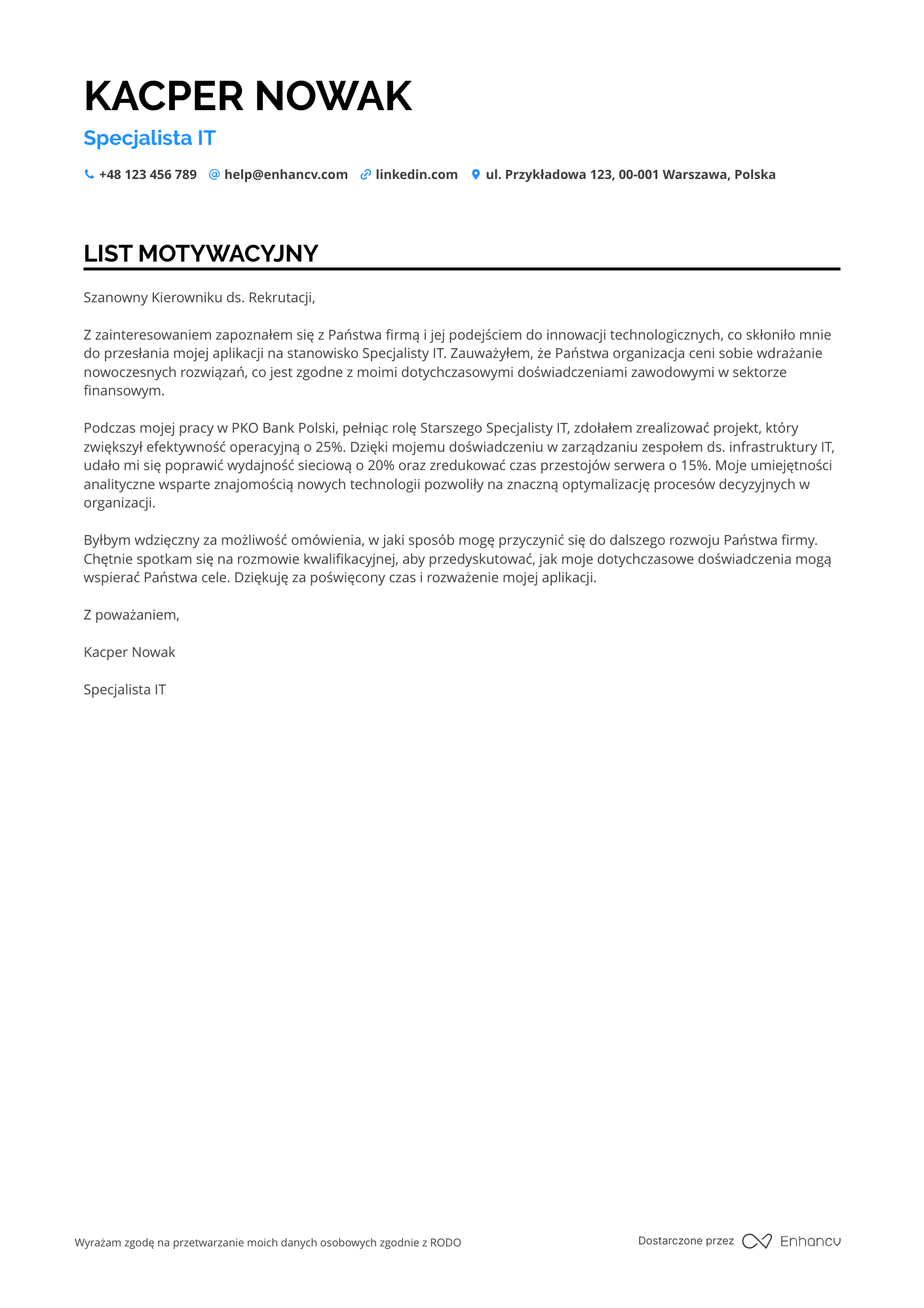 List motywacyjny dla Specjalista IT w Branży Finansowej Resume Example