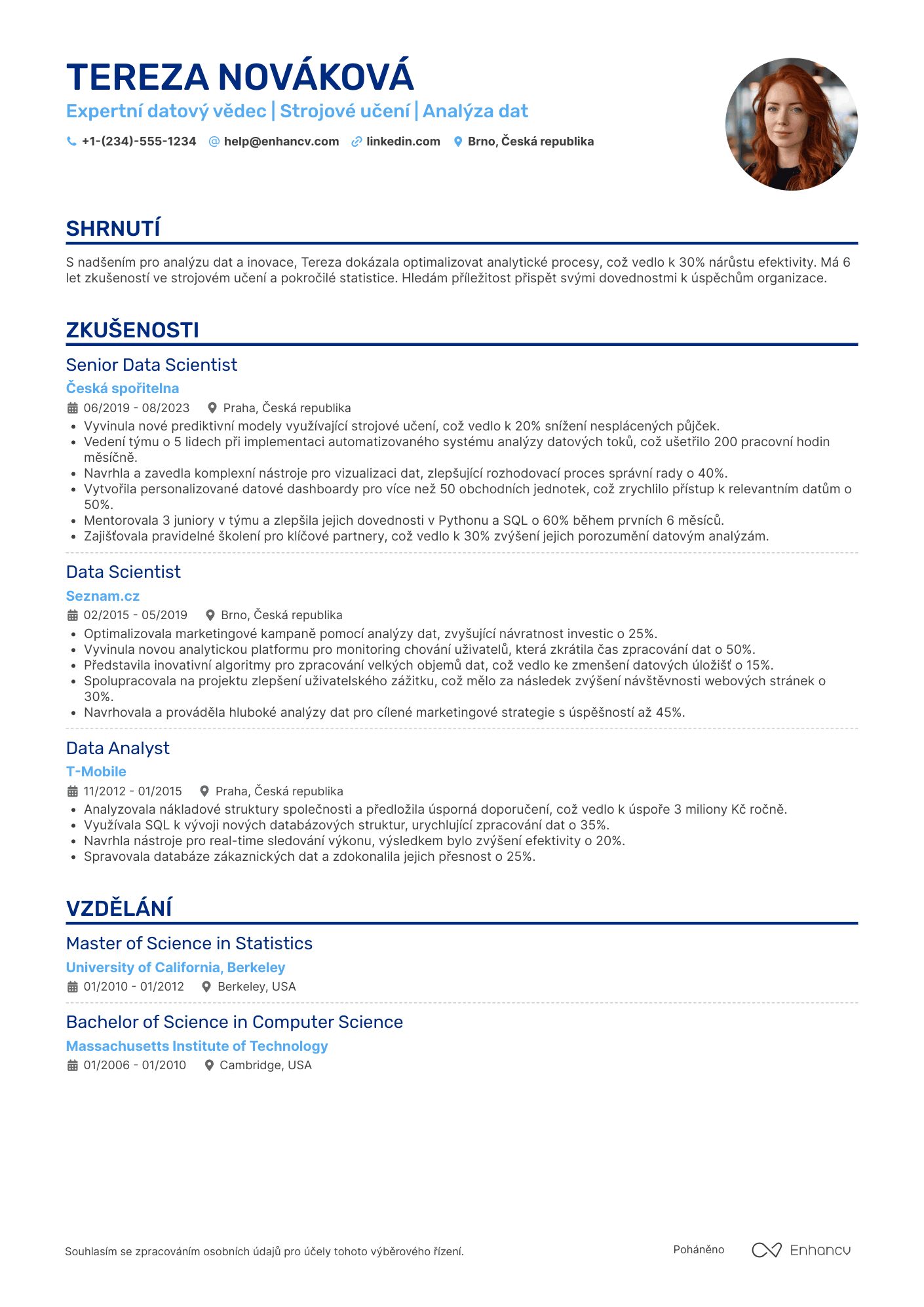 Životopis pro Expertní datový vědec Resume Example