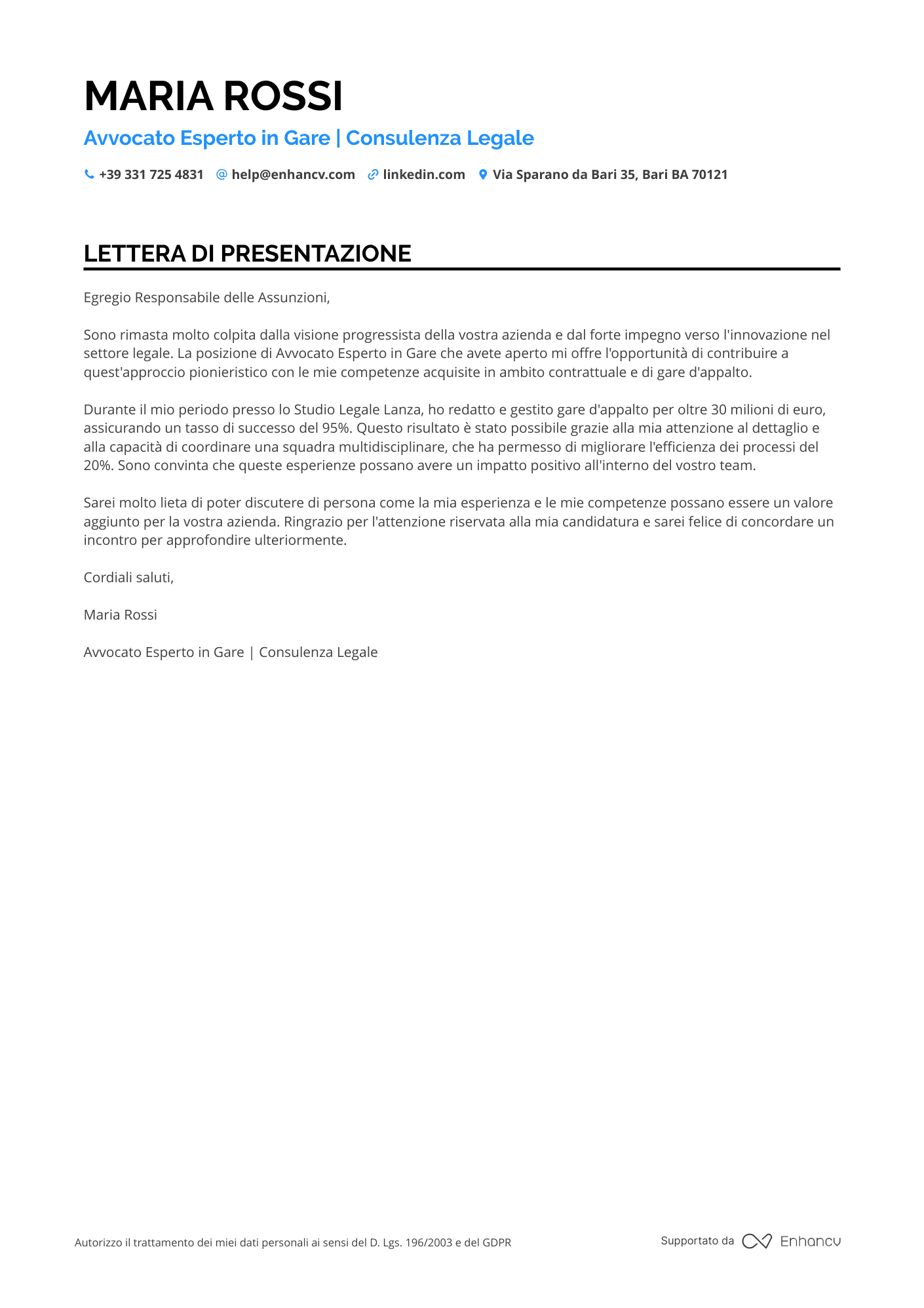 Avvocato Esperto in Diritto Sportivo Resume Example