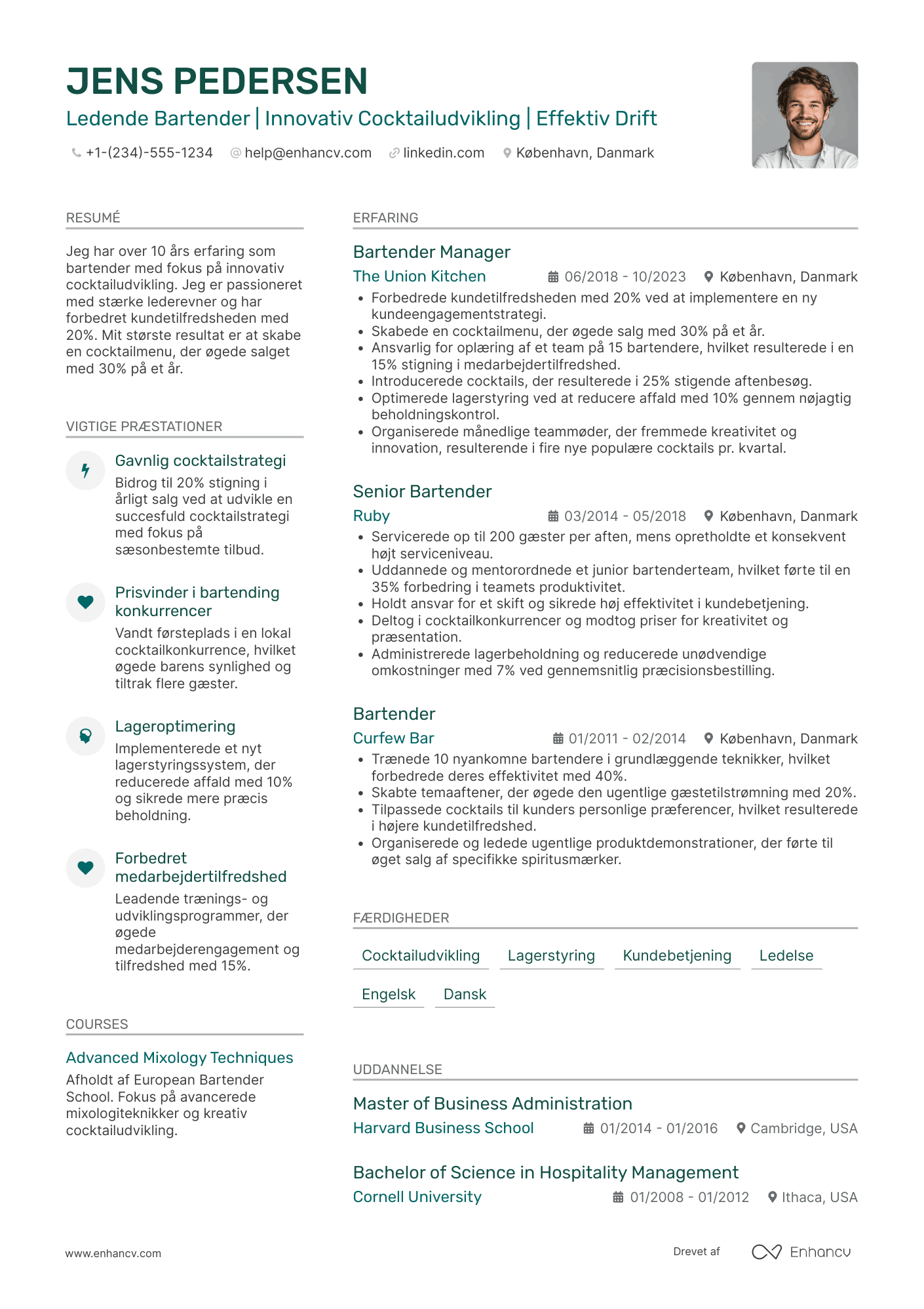 CV til Ledende Bartender Resume Example