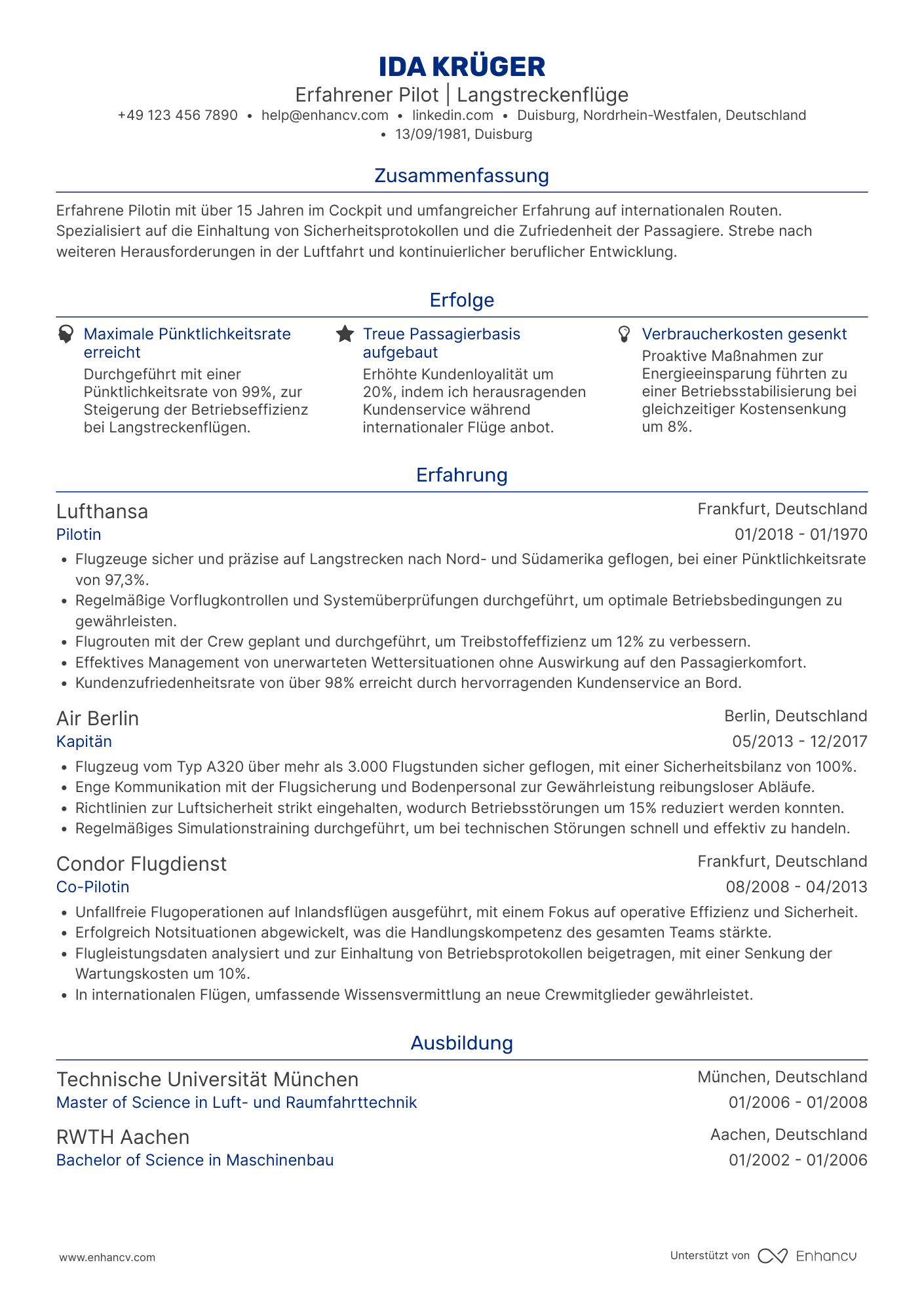 Lebenslauf als Pilot mit umfangreicher Erfahrung Resume Example