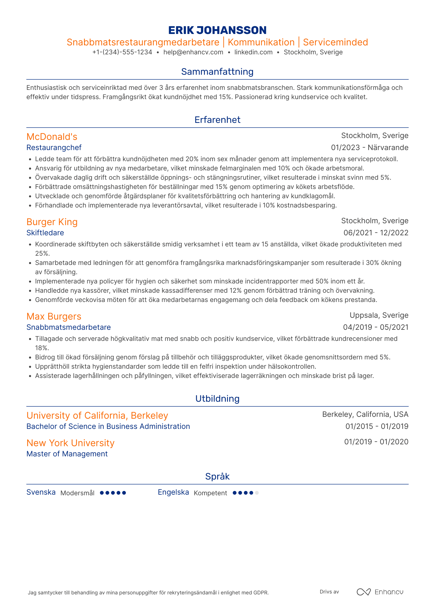 CV för Snabbmatsrestaurangmedarbetare Resume Example