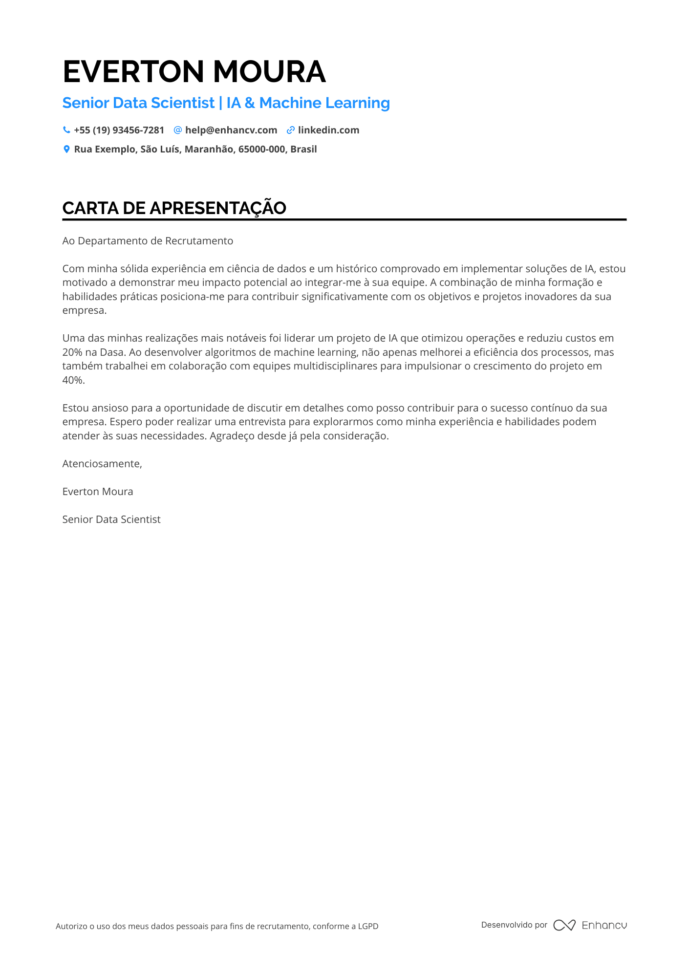 Cientista de Dados Sênior Resume Example