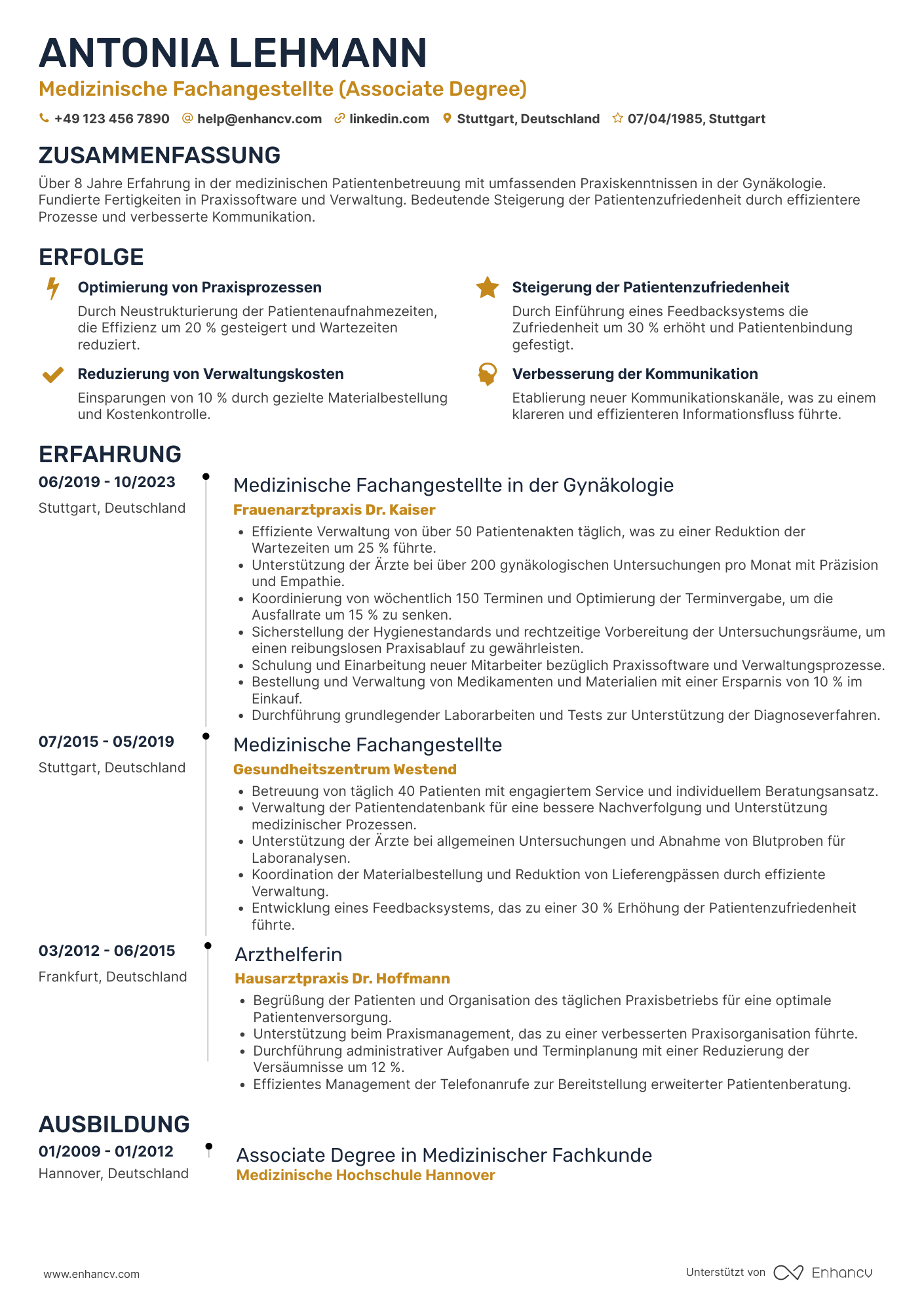 Lebenslauf in Arzthelferin in der Gynäkologie Resume Example