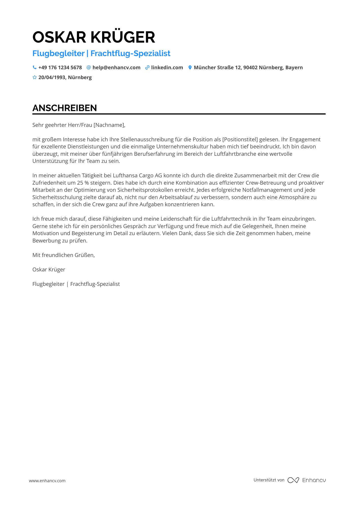 Flugbegleiter in der Frachtflugbranche Resume Example