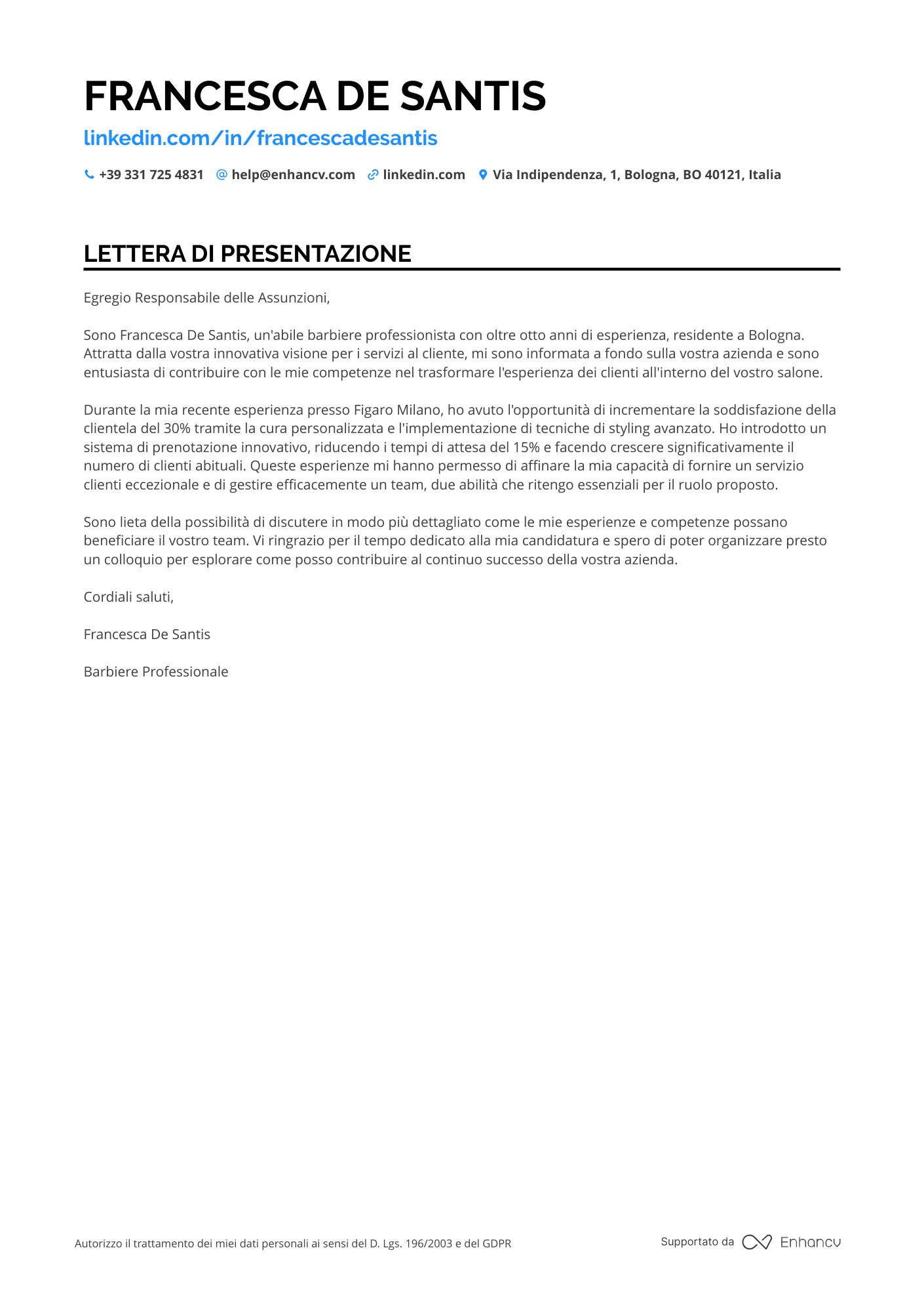 Parrucchiera Freelance Resume Example