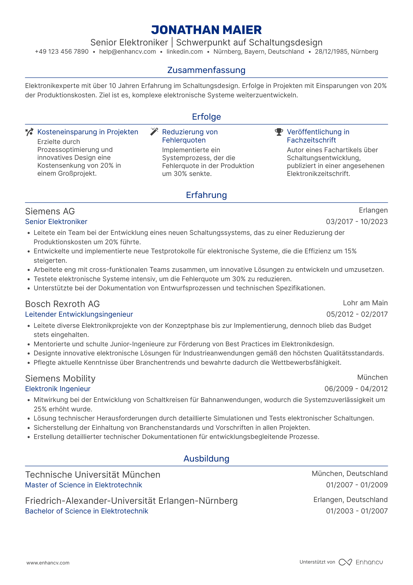 Lebenslauf als Senior Elektroniker Resume Example