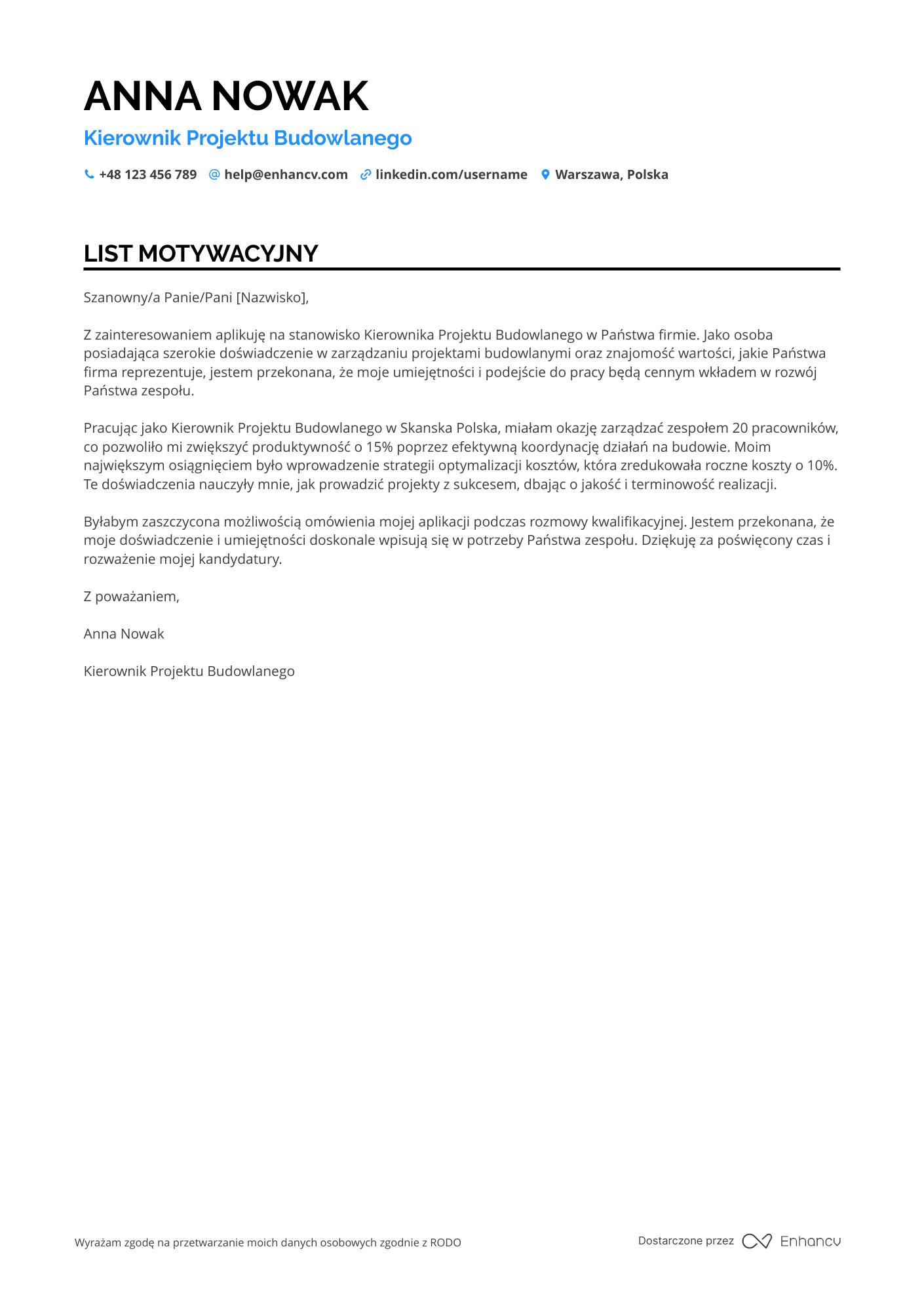 List motywacyjny dla Kierownik Projektu Budowlanego Resume Example